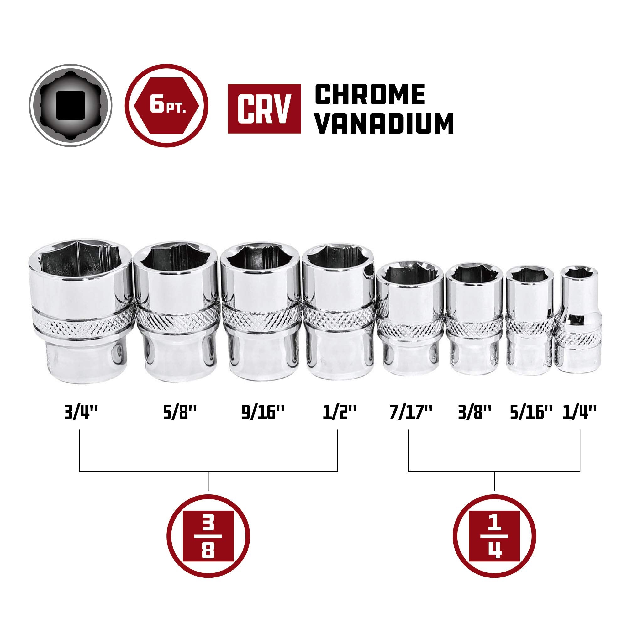 Powerbuilt 941323 Zeon 8 Piece SAE Socket Set - with use for Standard, Rusted, Rounded Bolts and Nuts, Size from 1/4" to 3/4"
