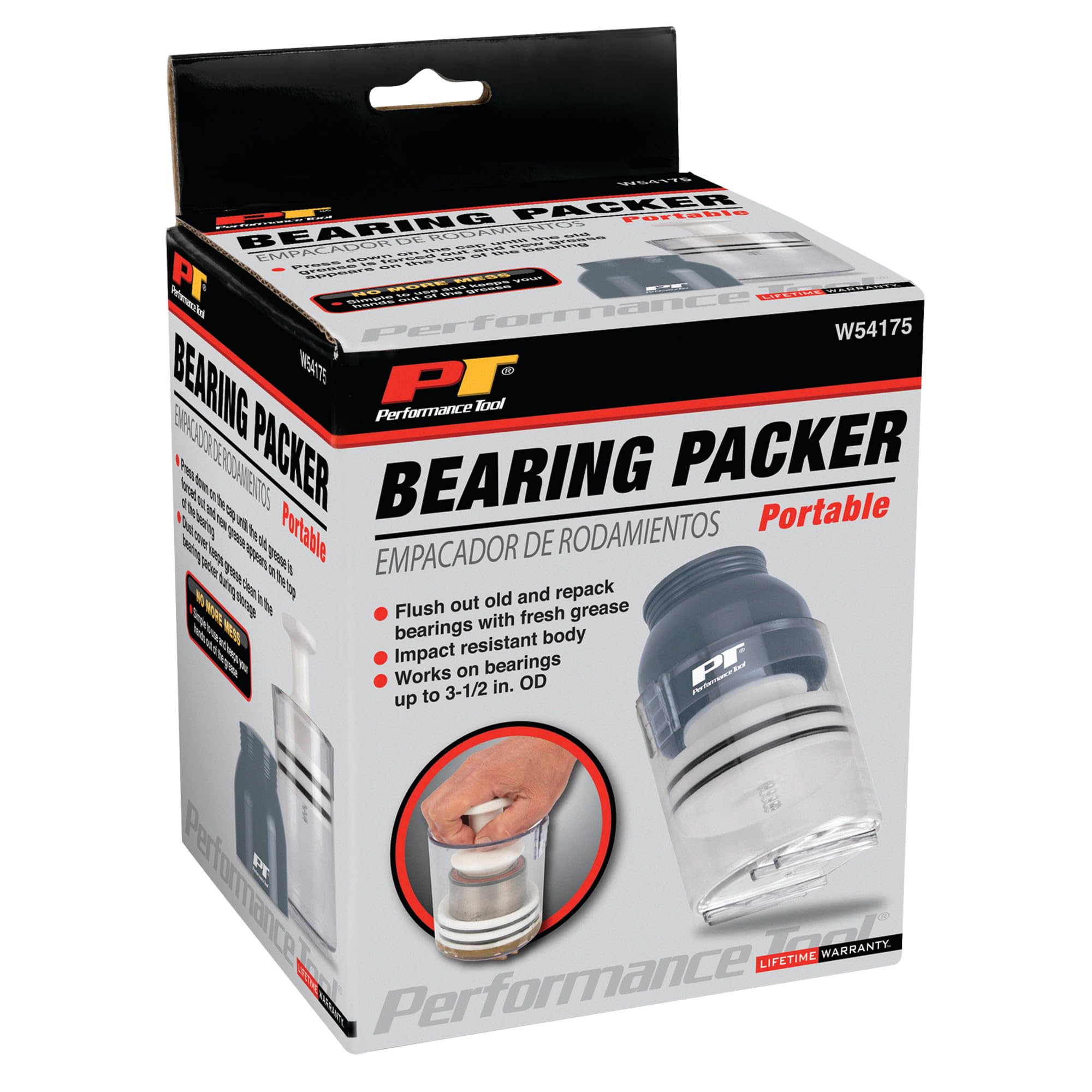 Portable Performance Tool W54175 Bearing Packer for up to 3.5-Inch OD Bearings - Mess-Free, Simple and Impact Resistant with Dust Cover Storage