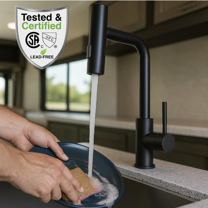 Rainfall Dura Faucet (DF-MK511X-MB) RV Kitchen Faucet – Matte Black, Dual-Mode Rotating Spray Head (Wide Waterfall & Stream), Single Lever Handle, Lead-Free, Easy Install Compact Sink Faucet