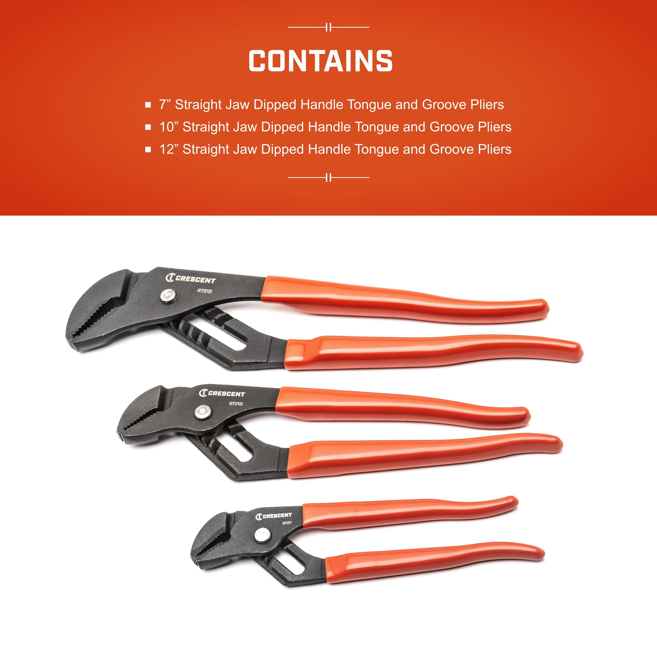 Crescent 3-Piece Dipped Handle Straight Jaw Tongue & Groove Plier Set - Premium Tool Set - Hand Tool with Black Phosphate Finish & Self-Locking Jaw - RT200SET3-05