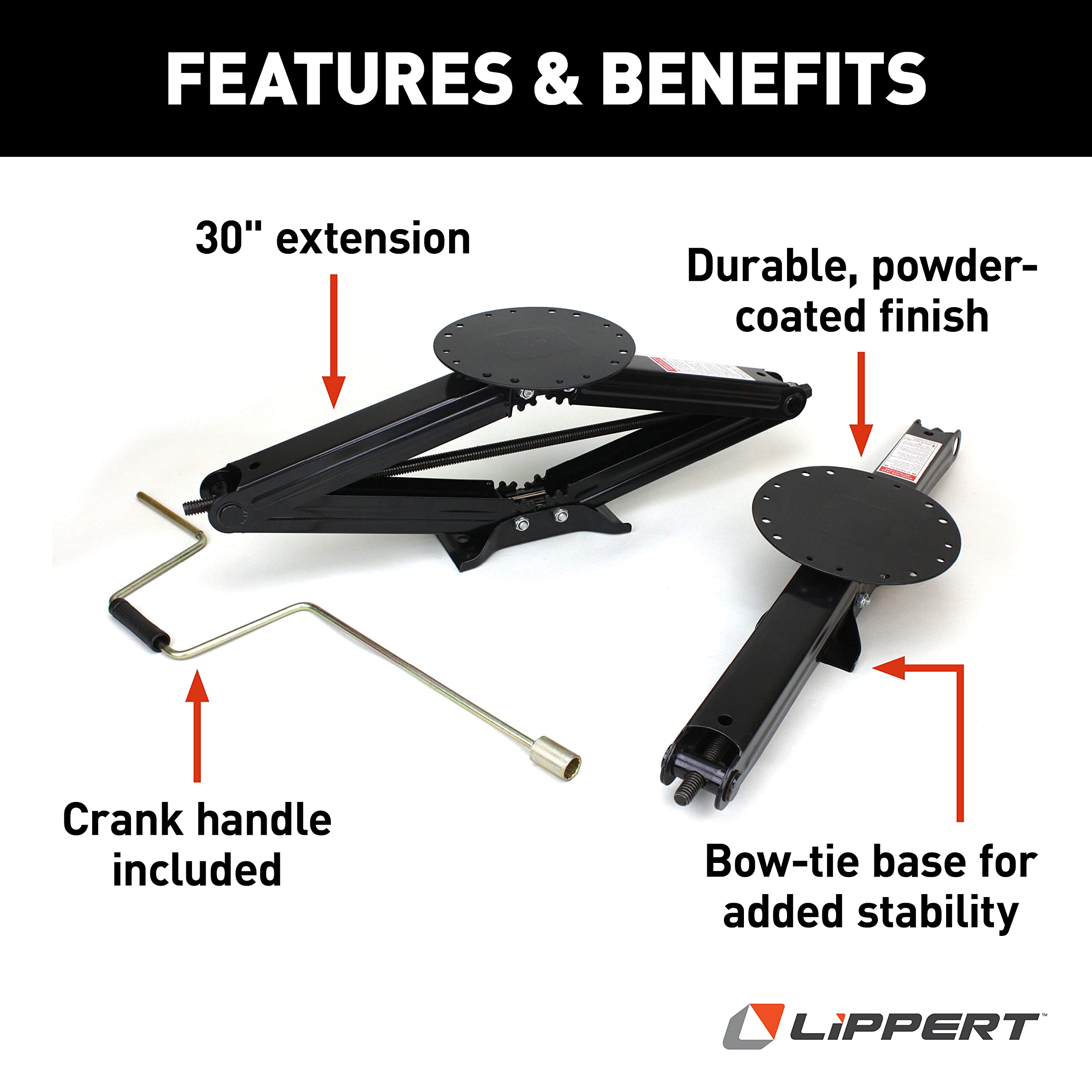 30" Lippert Components Manual RV Scissor Jack Kit for 5th Wheels, Travel Trailers, Set of Two, 5,000 lb. Load Capacity, Anti Rust Coating, Universal Bolt-On Installation, Bow-Tie Base, Crank Handle - 285344