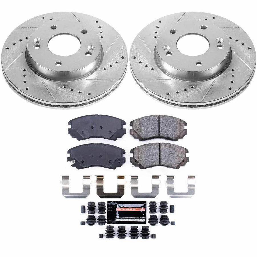 Power Stop K6309 Z23 Front Carbon Fiber Brake Pads with Drilled & Slotted Brake Rotors Kit For Kia Soul 2010-2011 [Model Specific]