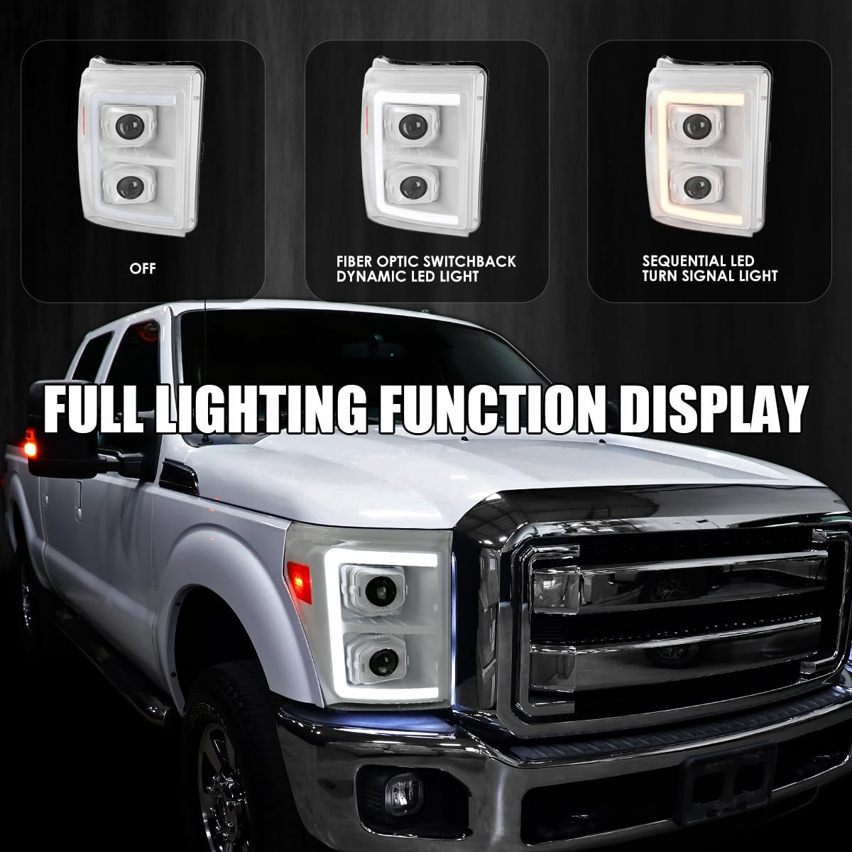Special Edition SPEC-D TUNING Arctic White Projector Headlights w/Switchback Sequential LED Bar and Startup Animation Compatible with 2011-2016 Ford F250 F350 F450 F550 Super Duty, Left + Right Pair