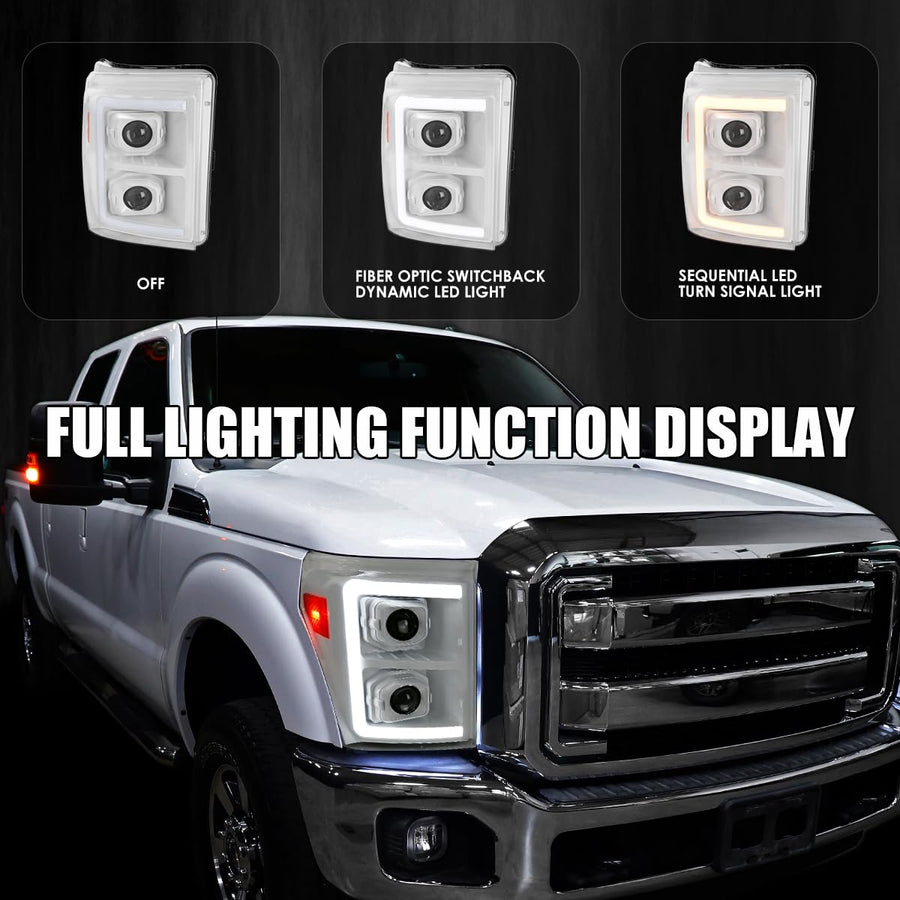 Special Edition SPEC-D TUNING Arctic White Projector Headlights w/Switchback Sequential LED Bar and Startup Animation Compatible with 2011-2016 Ford F250 F350 F450 F550 Super Duty, Left + Right Pair