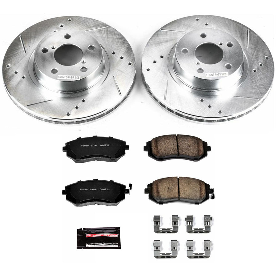 Power Stop K1124 Z23 Carbon Fiber Brake Pads Front with Drilled & Slotted Brake Rotors Kit For Saab 9-2X 2005-2006, Subaru Impreza 2002-2010, Subaru Legacy 2002-2004 [Model Specific]