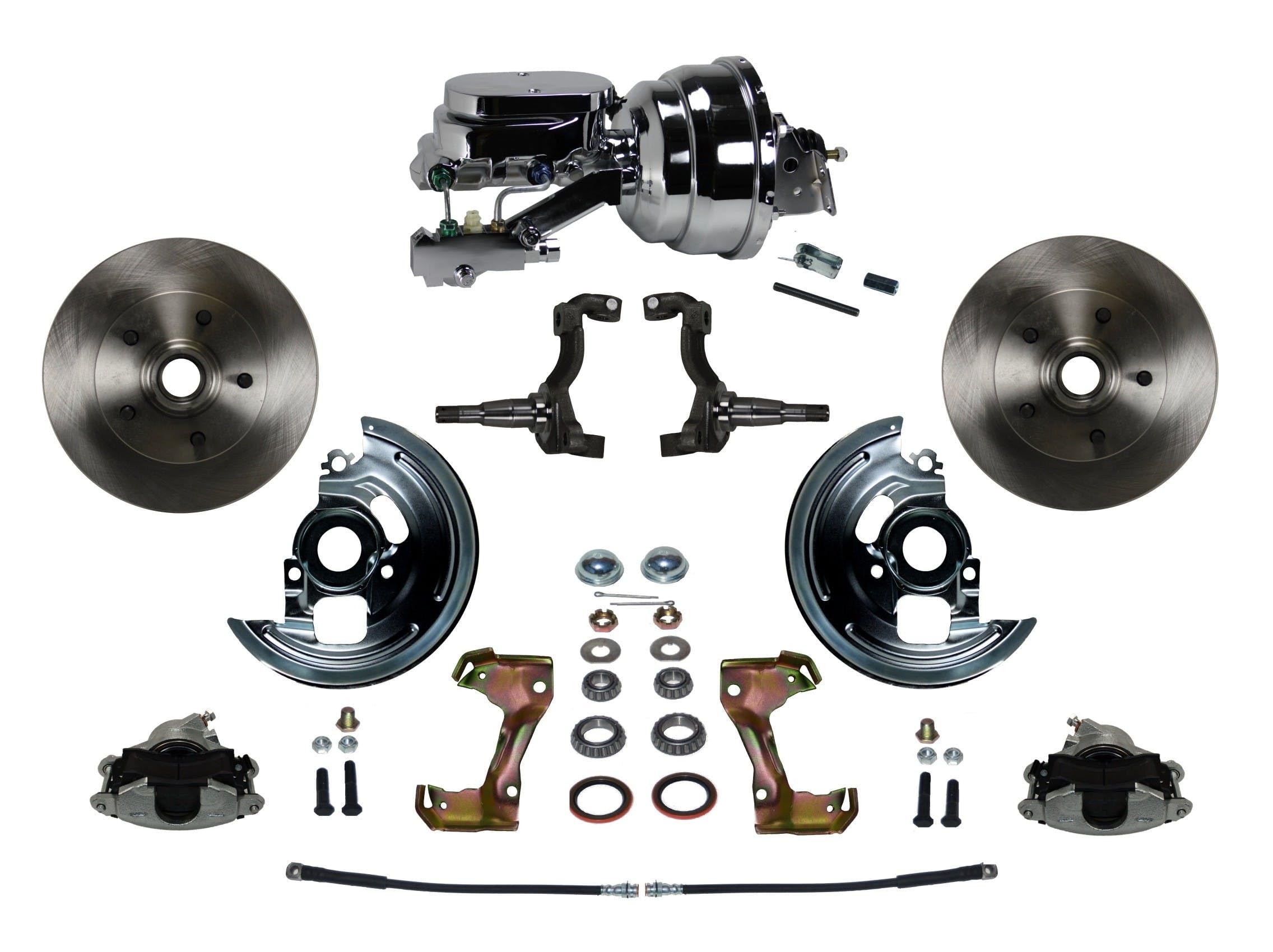 Power LEED BRAKES Front Disc Brake Conversion Kit With 8" Dual Chrome Booster Flat Top Chrome M/C Disc/Drum Side Mount