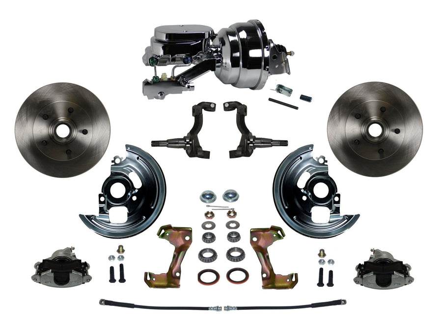 Power LEED BRAKES Front Disc Brake Conversion Kit With 8" Dual Chrome Booster Flat Top Chrome M/C Disc/Drum Side Mount