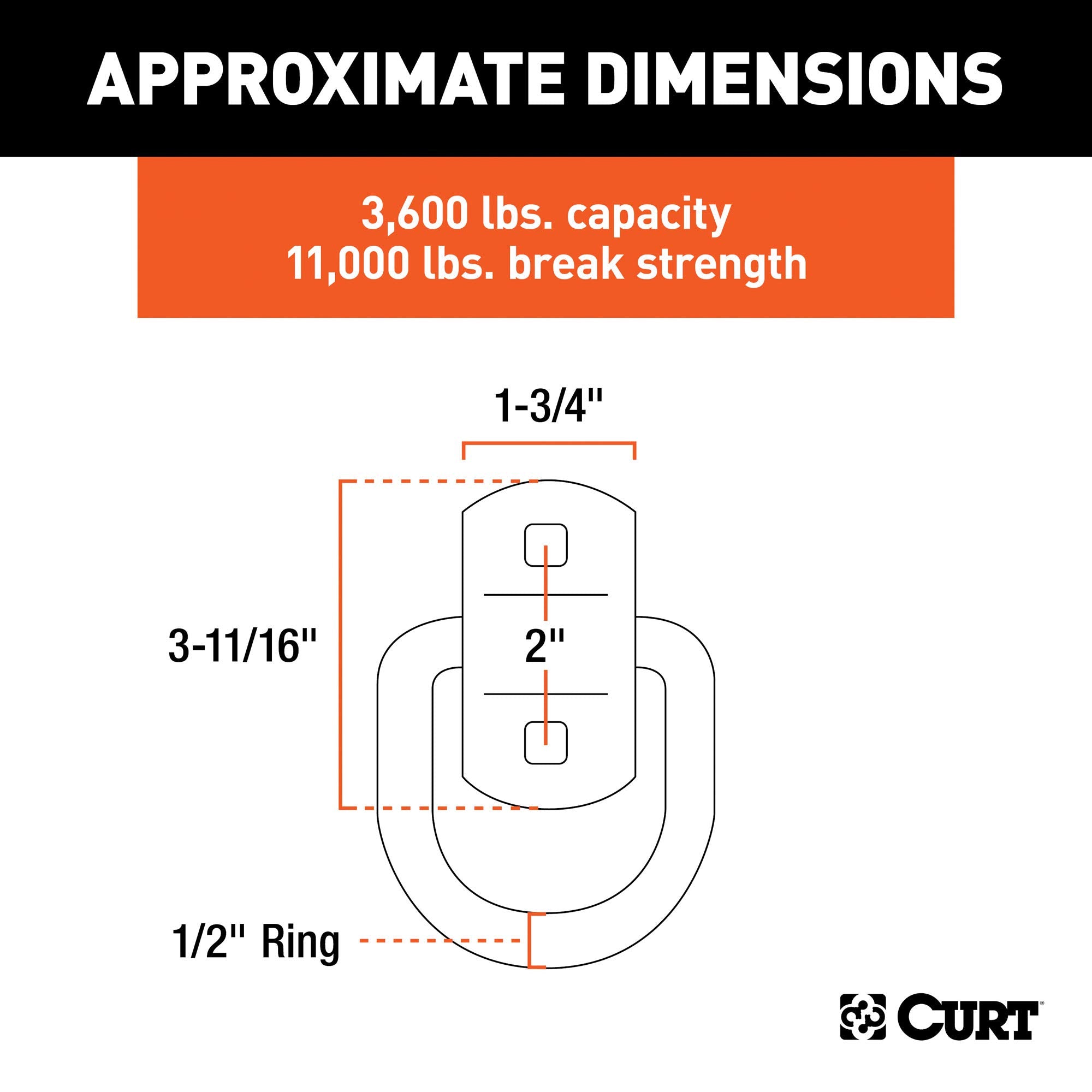 CURT 3 x 3-Inch Surface-Mounted Trailer D-Ring Tie Down Anchor, 11,000 lbs Break Strength 83742