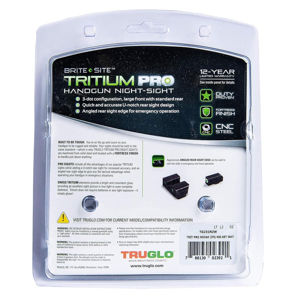 TRUGLO Tritium Pro Night Sights Handgun, Compatible with 1911 270/450 Handguns | Compact Gun Sights with Daylight White Dots, Night Tritium Dots & White Focus Lock Front Ring