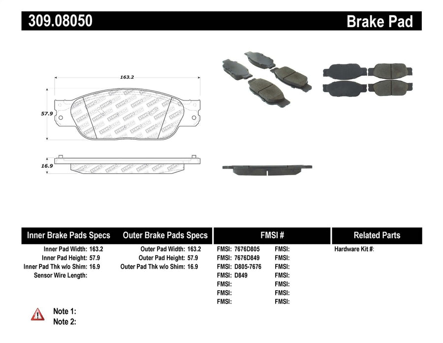 Sport Brake Pads StopTech 309.08050 with Shims and Hardware