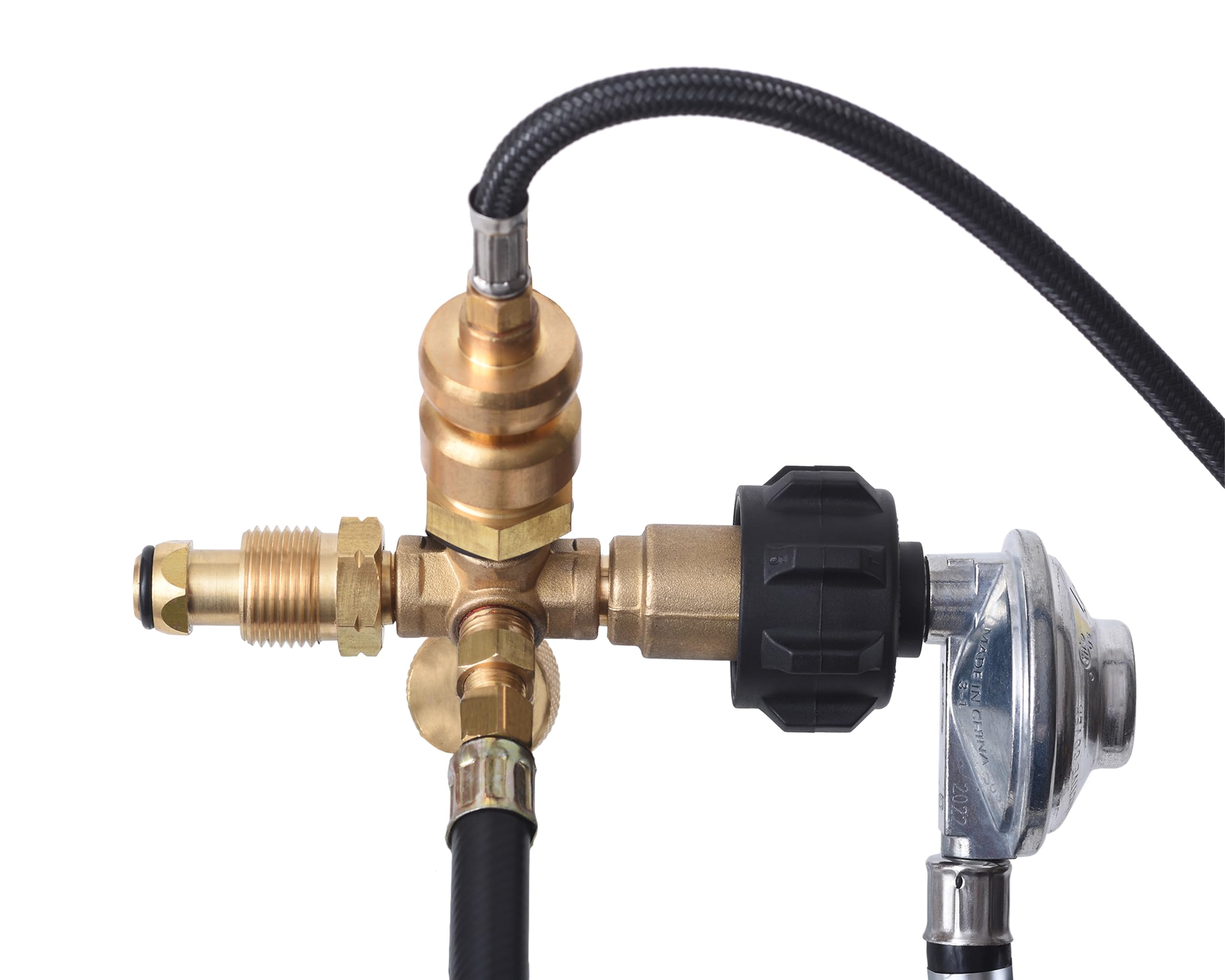 Flame King Brass Tee 4 Port Propane Adapter POL Inlet, 1/4 Inverted Female Flare Inlet, QCC Outlet, CGA600 Outlet (RV-COMBO1)