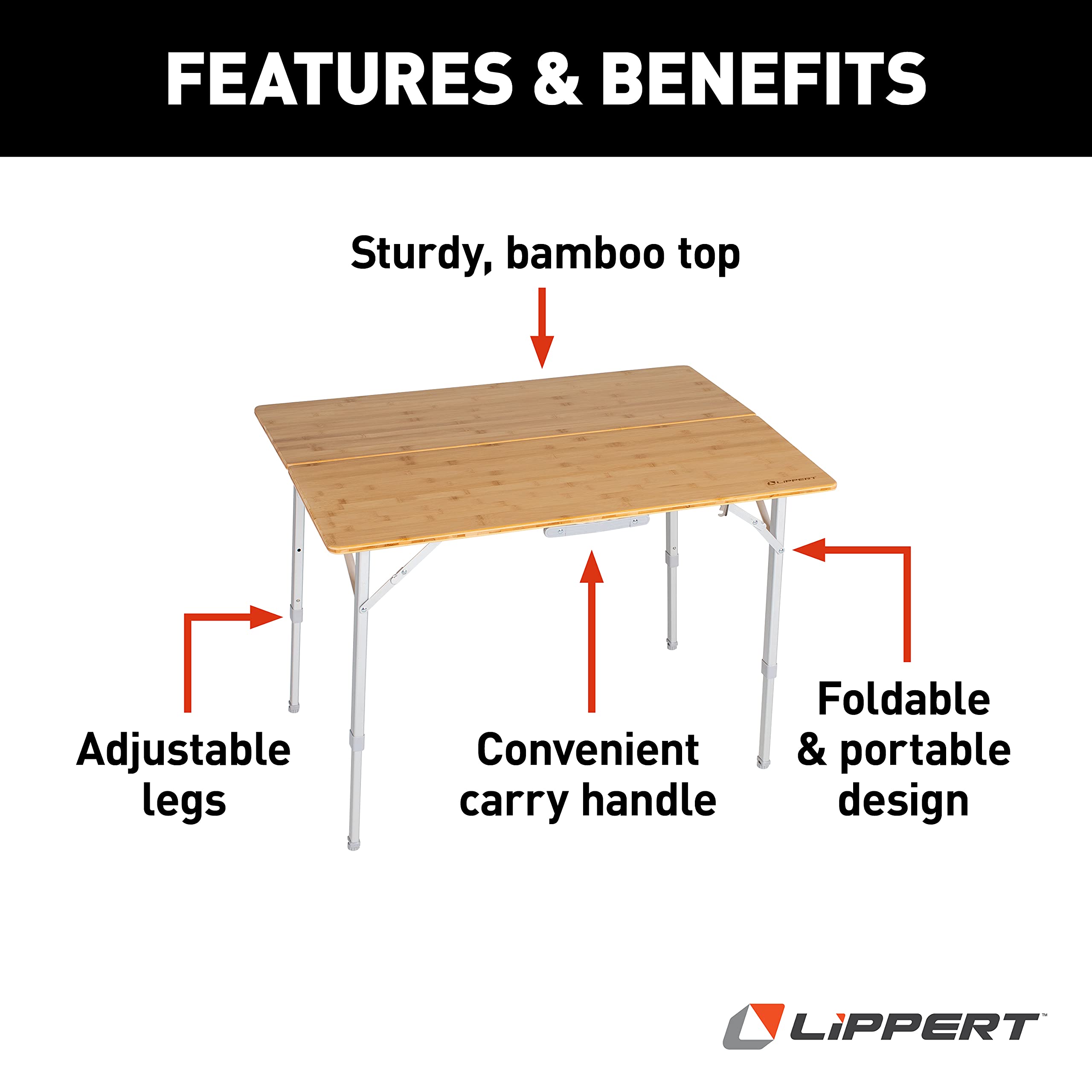 Lippert Adjustable Bi-Fold Bamboo Camp Table, 39-1/2" x 28-1/2" x 27-1/2" Tabletop, Smooth Wood Top, Adjusting Legs, 19 lbs. Portable Camping Surface - 2021011322, Brown