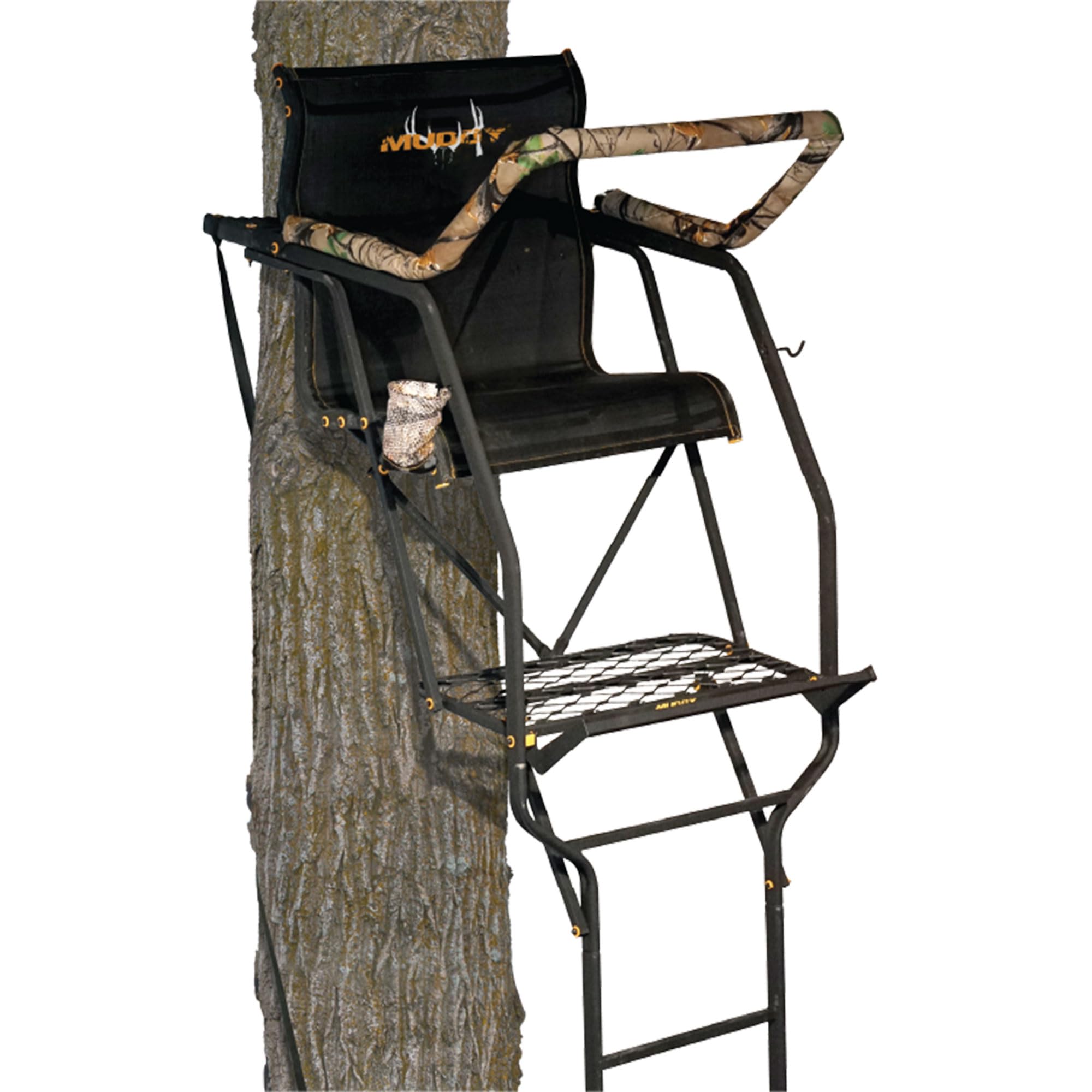 The Stronghold 1.5 MUDDY Deer Hunting Ladderstand, 21 Foot 1 Person Climbing Tree Stand with Lumbar Seat and Expanded D-Force Metal Platform