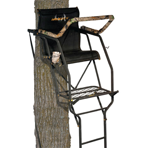 The Stronghold 1.5 MUDDY Deer Hunting Ladderstand, 21 Foot 1 Person Climbing Tree Stand with Lumbar Seat and Expanded D-Force Metal Platform