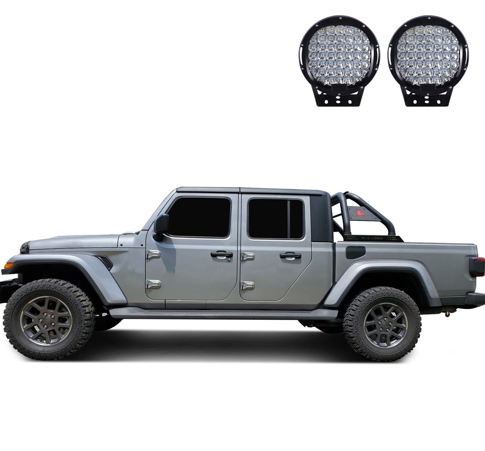 Classic Black Horse Roll Bar Incl.Set of 9 Black Round LED Light Compatible with 2020-2024 Jeep Gladiator-RB09BK-PL69B