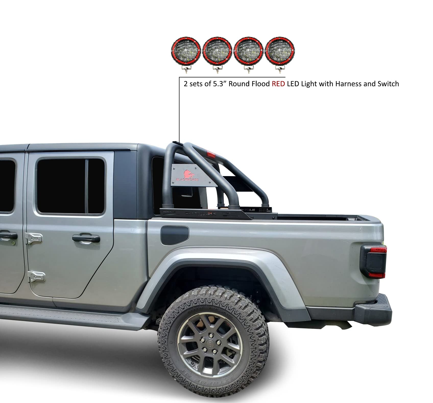 Classic Black Horse Roll Bar Incl. Set of 5.3" Dia.led Lights w/Red Trim Rings Compatible with 2020-2024 Jeep Gladiator-RB09BK-PLFR