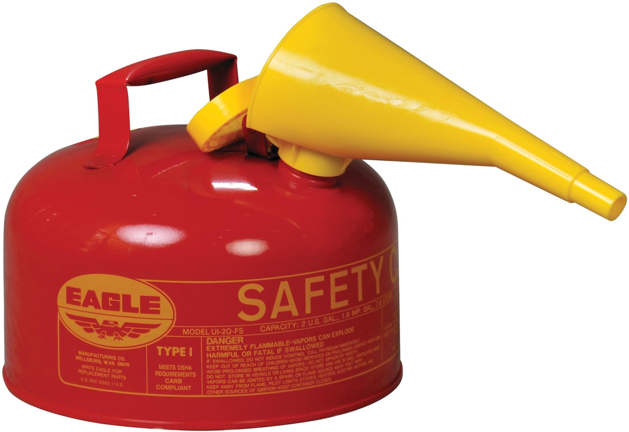2 Gallon Eagle Type I Red Safety Gas Can for Gasoline with Flame Arrester, Self-Closing Lid, and F-15 Funnel, Made in the USA, Galvanized Steel Flammable Storage Can, UI20FS