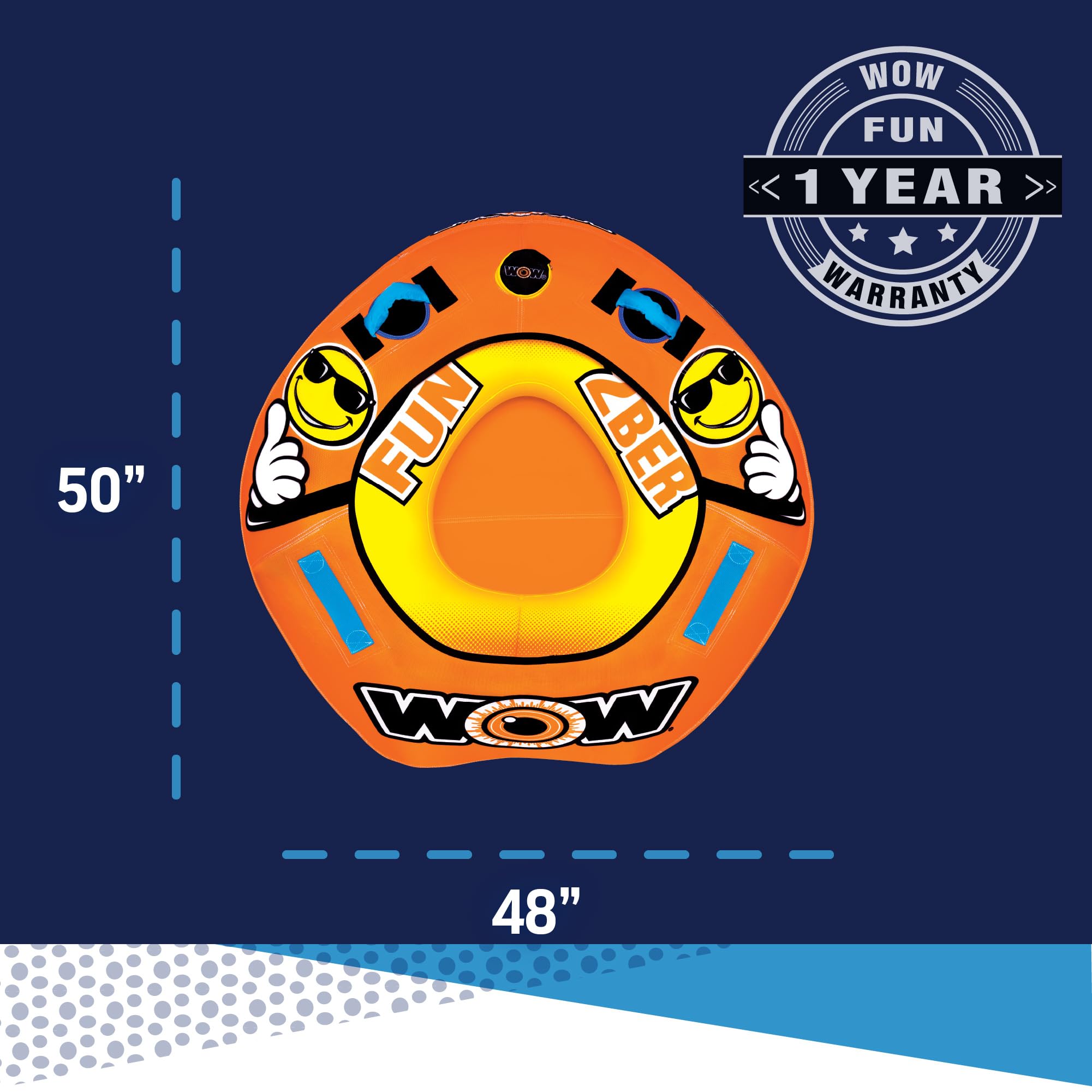 2Ber WOW Sports Fun Inflatable Towable Tube - Included 12V DC Pump & 1K 60' Tow Rope - Classic 1-Person Design - Perfect Boating Accessory