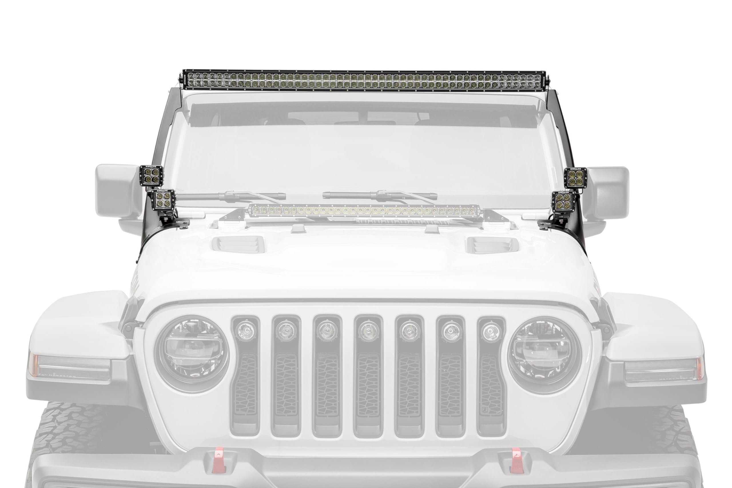 Front Roof Jeep JL, Gladiator LED Bracket to mount (1) 50 or 52 Inch Straight LED Light Bar and (4) 3 Inch LED Pod Lights - PN #Z374831-BK4