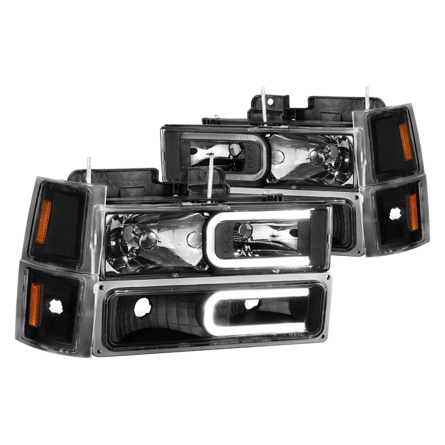 88-98 Chevrolet C1500 ANZO Crystal Headlights w/Light Bar Black Housing w/Signal Side Markers 8Pcs