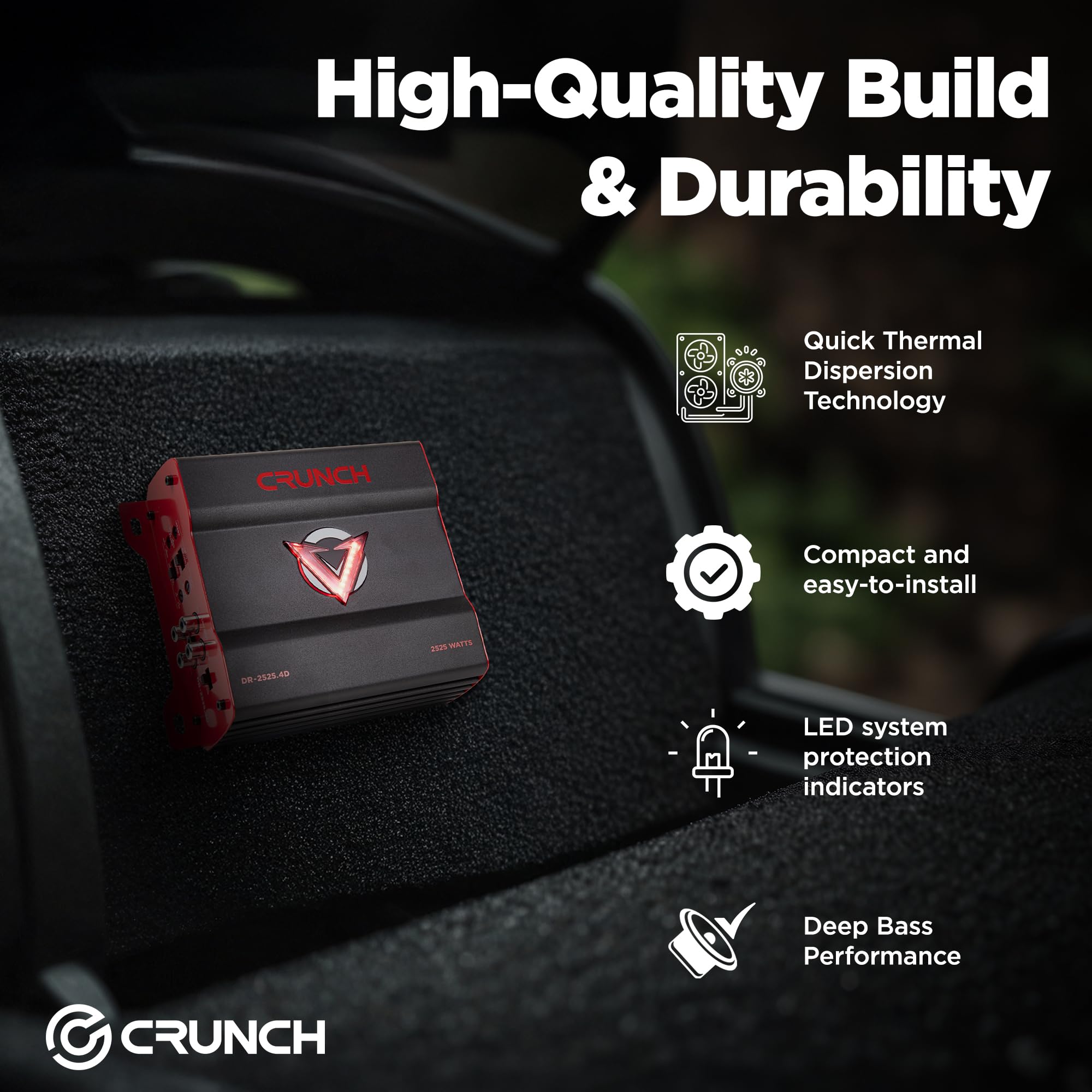 4 Channel Crunch 2525W Car Audio Subwoofer Amplifier with Adjustable Crossovers, Bass Knob & Remote, LED VU-Meter, QTD Cooling and PWM Power Supply