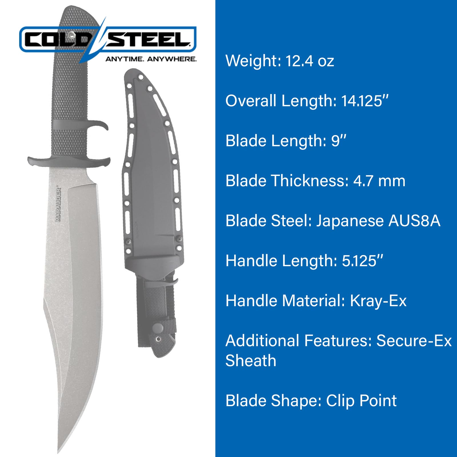Cold Steel 9" Marauder Japanese AUS8A Clip Point Plain Edge Blade 5.125" Kray-Ex Handle Tactical Outdoor Hunting Fixed Blade Knife