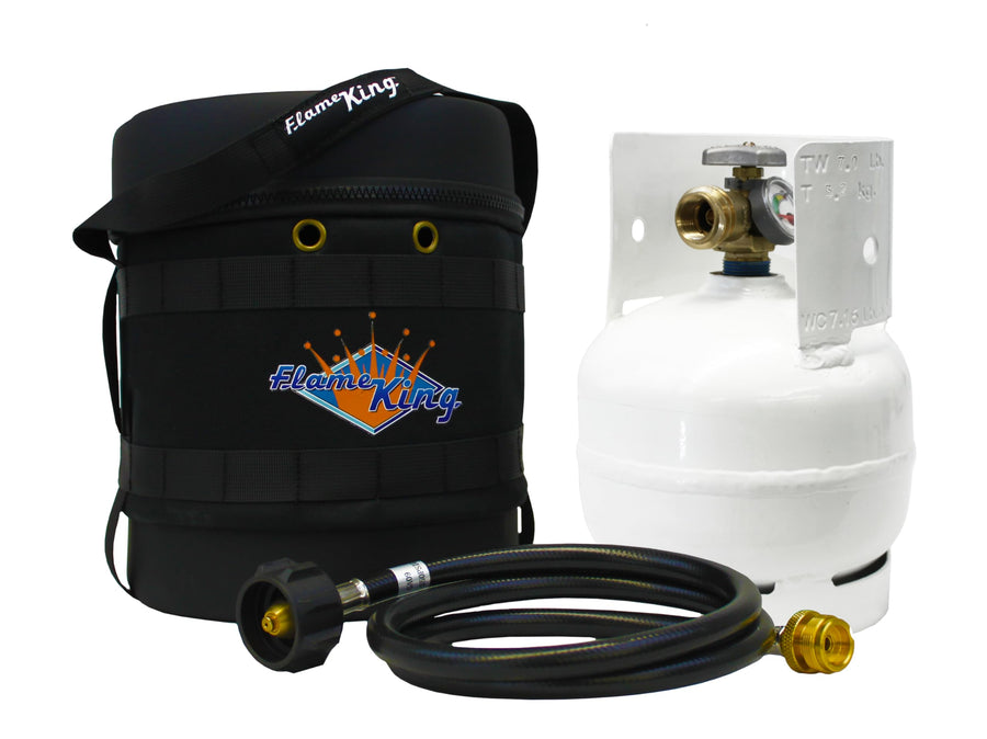 Gas Hauler Kit Flame King - Insulated Protective Carry Case, 3LB Propane Tank and Adapter Hose for Camping and Outdoor Adventures, Black/White