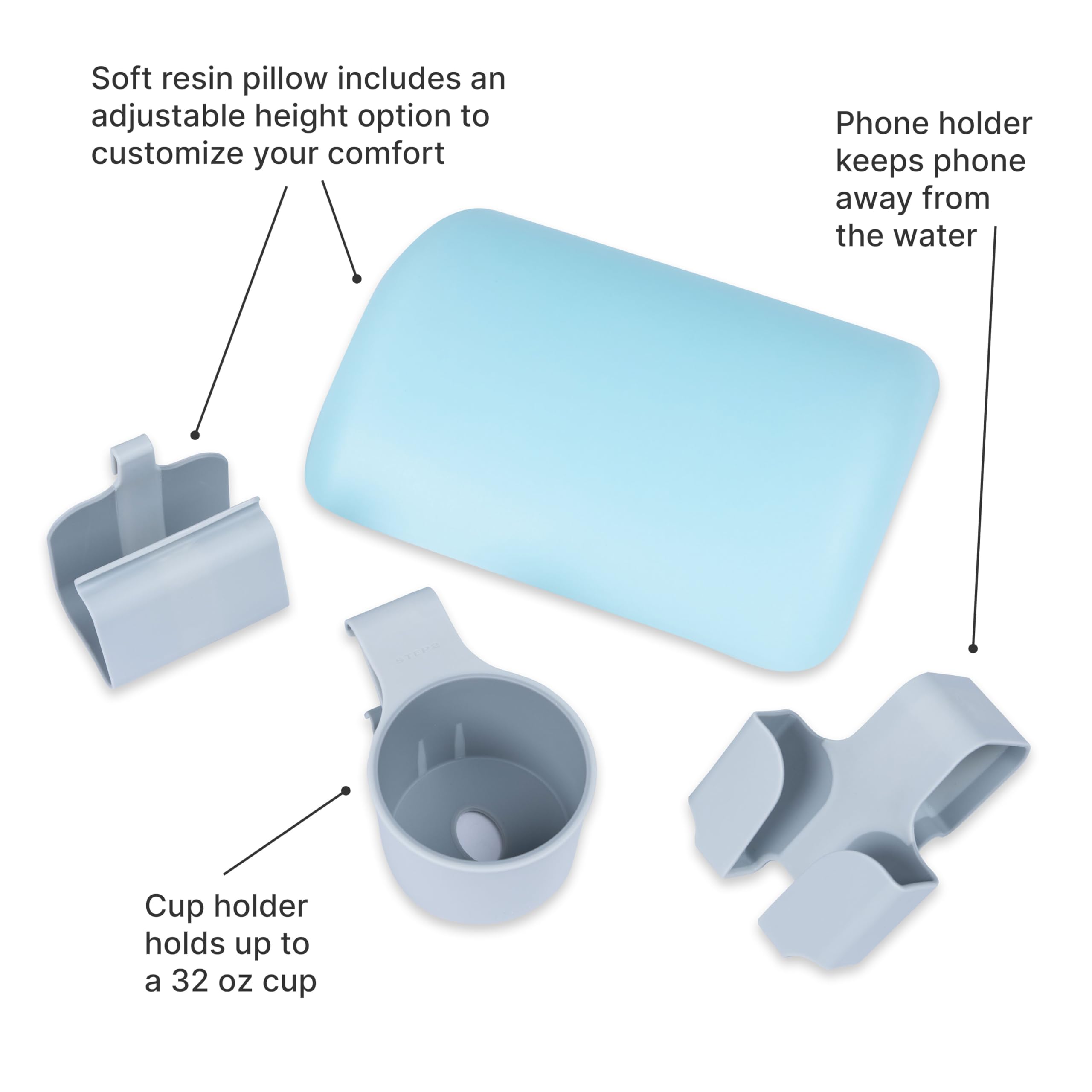 Step2 Pool Lounger Vero Accessories, Poolside Pillow, Cup Holder, Phone Holder, Compatible with Vero Collection, Waterproof, Indoor/Outdoor Use, Made of Durable Plastic, Gray