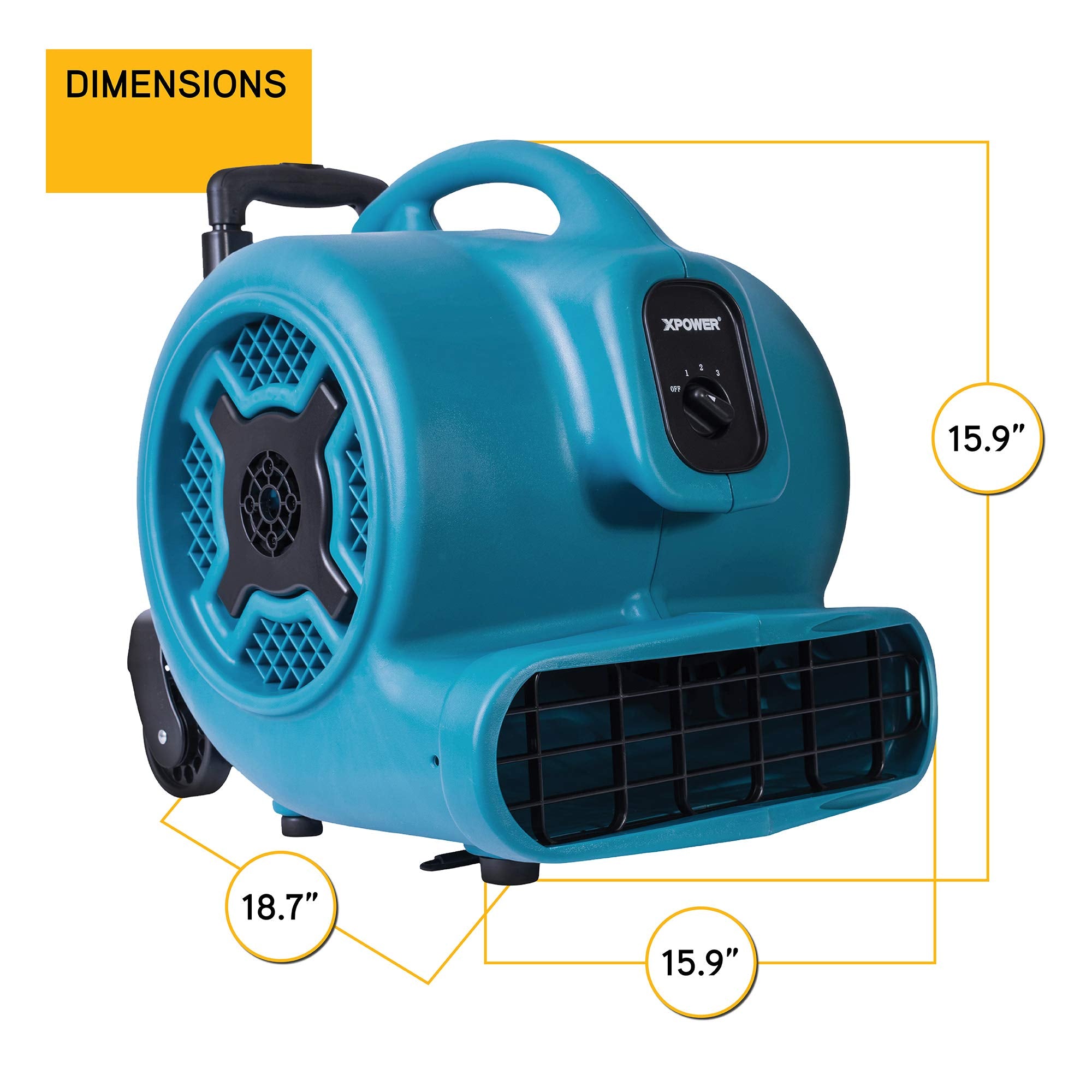 1 HP XPOWER P-830H 3600 CFM Centrifugal Air Mover, Carpet Dryer, Floor Fan, Blower, Telescopic Handle and Wheels, for Water Damage Restoration, Janitorial, Plumbing, Home Use