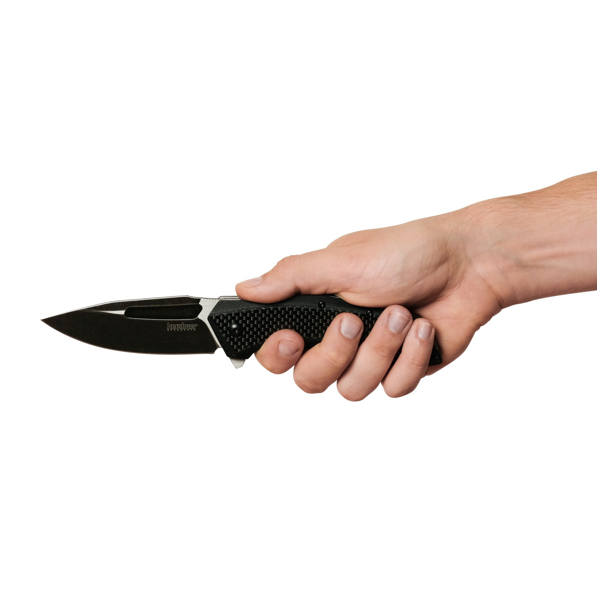 Kershaw Pocket Knife Flourish (3935); 3.5-Inch Blackwash Clip Point Blade with Black Carbon Fiber Handle; Features SpeedSafe Assisted Opening, Flipper, Lanyard Hole and Reversible Pocket Clip; 5.3 OZ.