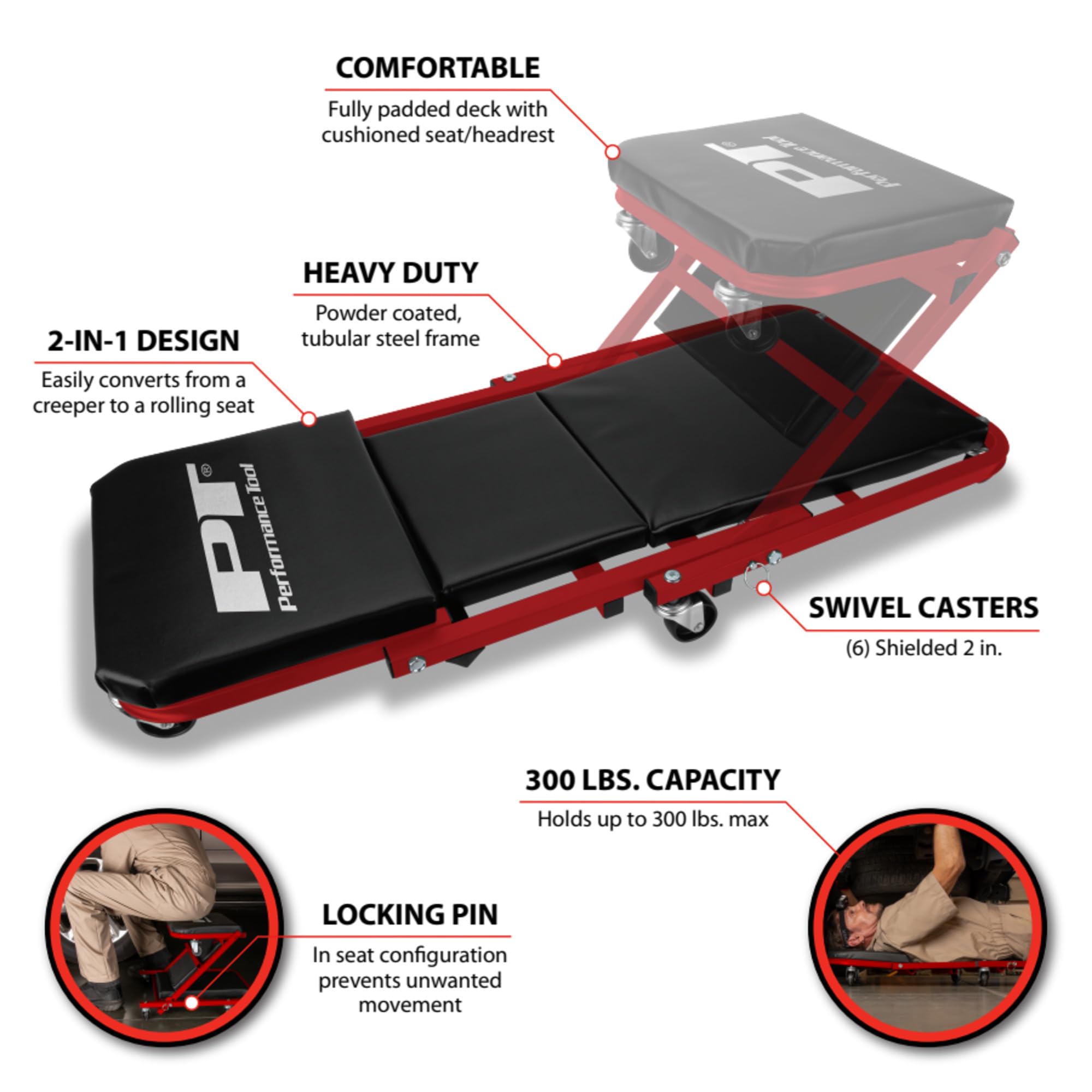 36-Inch Performance Tool W85034 Z-Frame Folding Automotive Creeper, All-in-One Adjustable Roller Garage Seat, Lay Down or Sit, 300 lbs. Capacity, Under Car Creeper, Padded with 6 Swivel Casters