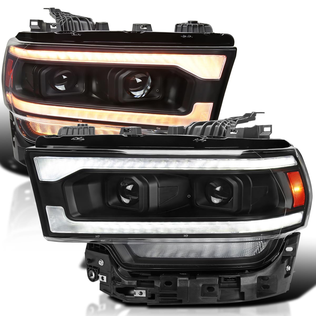 Dual Projector Headlights SPEC-D TUNING Black w/Sequential LED Turn Signal and Startup Animation Compatible with 2019-2024 Dodge Ram 2500, 3500, 4500, Left + Right Pair Headlamps Assembly
