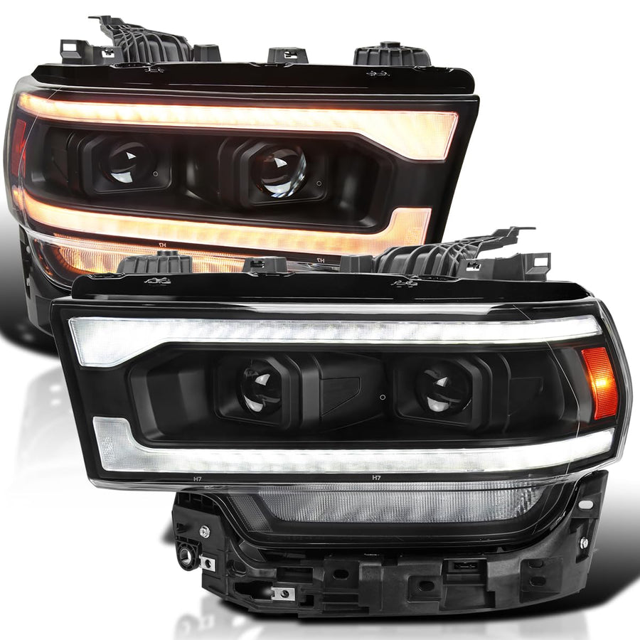 Dual Projector Headlights SPEC-D TUNING Black w/Sequential LED Turn Signal and Startup Animation Compatible with 2019-2024 Dodge Ram 2500, 3500, 4500, Left + Right Pair Headlamps Assembly