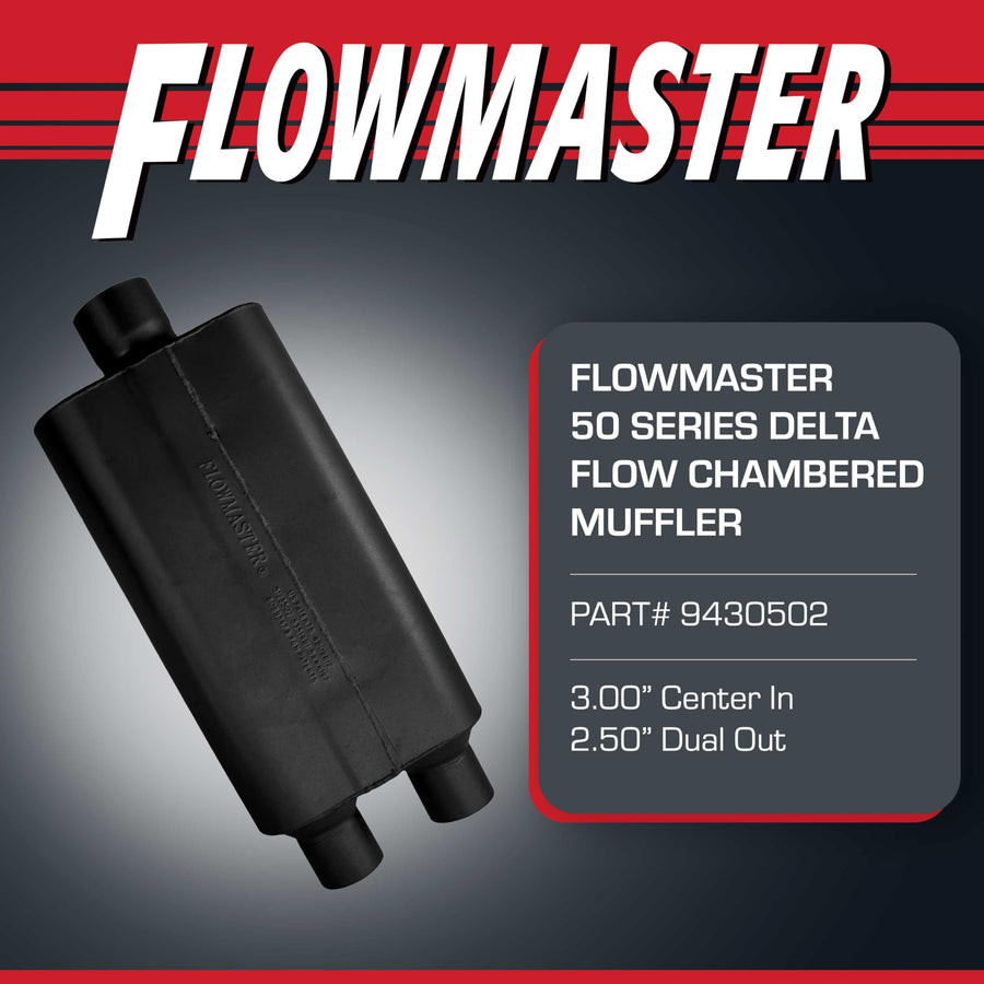 50 Series Flowmaster Delta Flow Chambered Muffler – 3.00” - Center In/Dual Out – Moderate Sound – 16G - Aluminized Steel – Perfect for daily-driven Performance Vehicles and Passenger Cars (9430502)