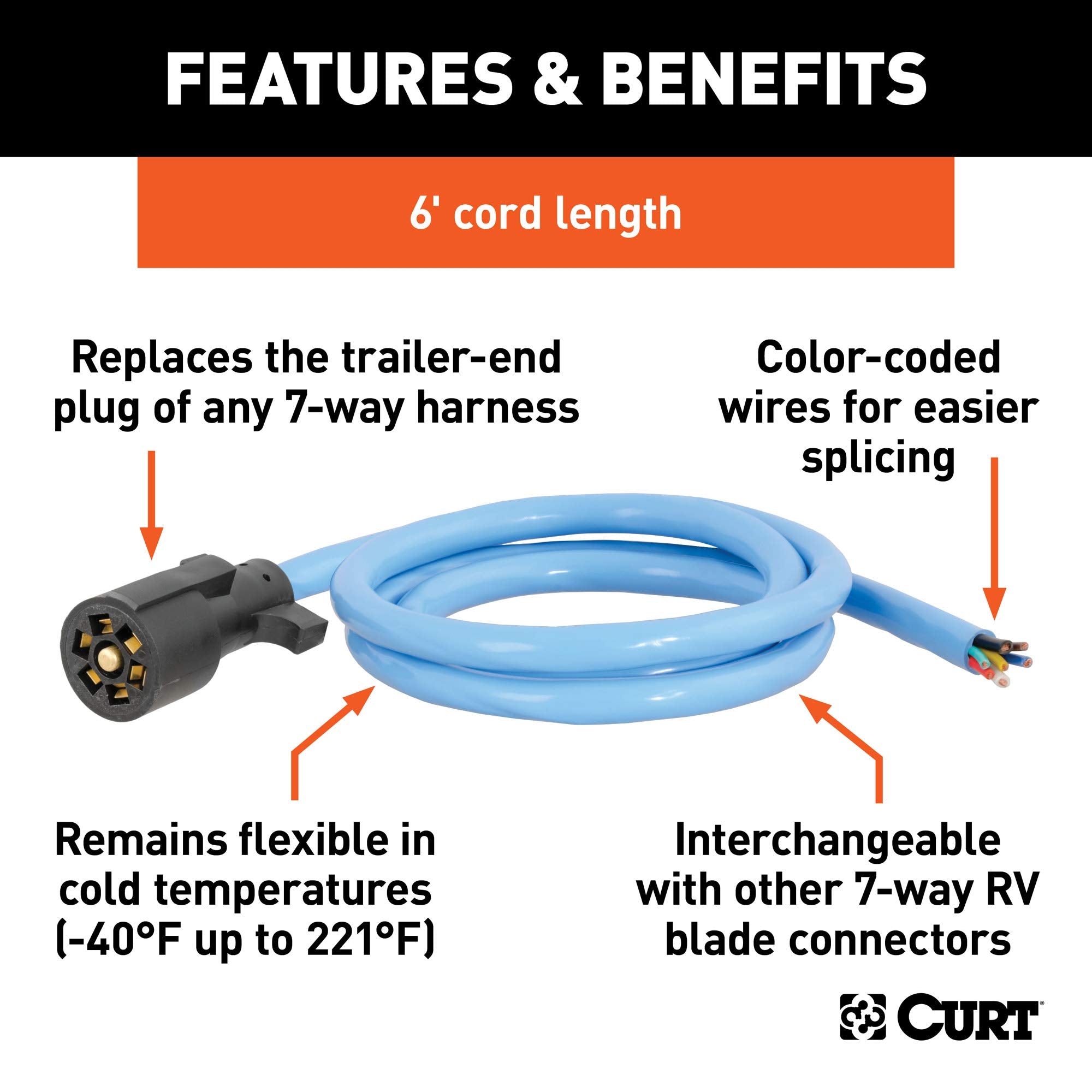 CURT 56611 7-Pin RV Blade Trailer Wiring Harness Plug, Extreme Temperature, Cold Weather 6-Foot Blunt-Cut Wires, -40F to 221F Degree Rating