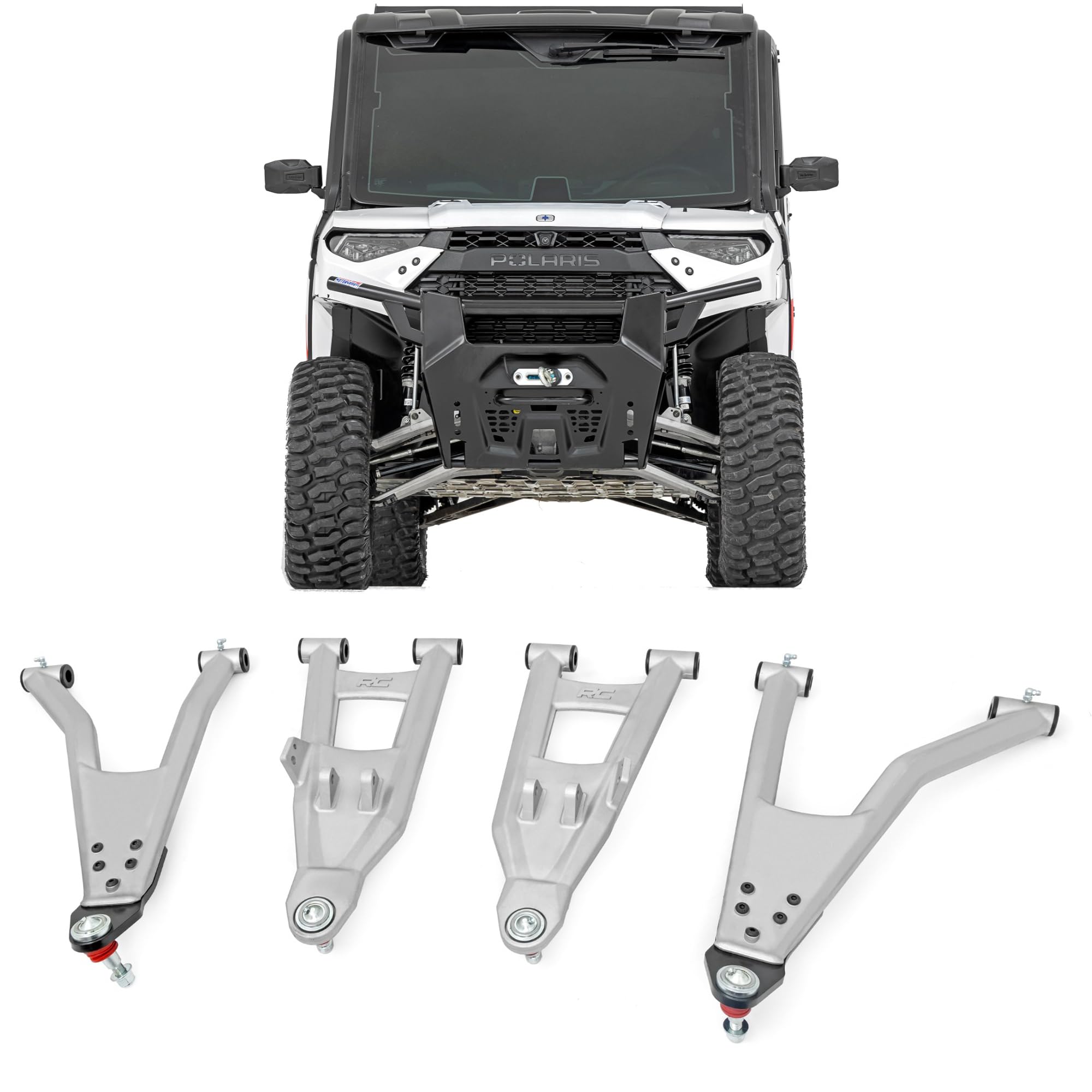 Rough Country High Clearance Control Arms Aluminum with 2" Forward Offset for Polaris Ranger XP 1000 (2021-2025) - Forged A-Arms with Silver Finish, 4-Pack