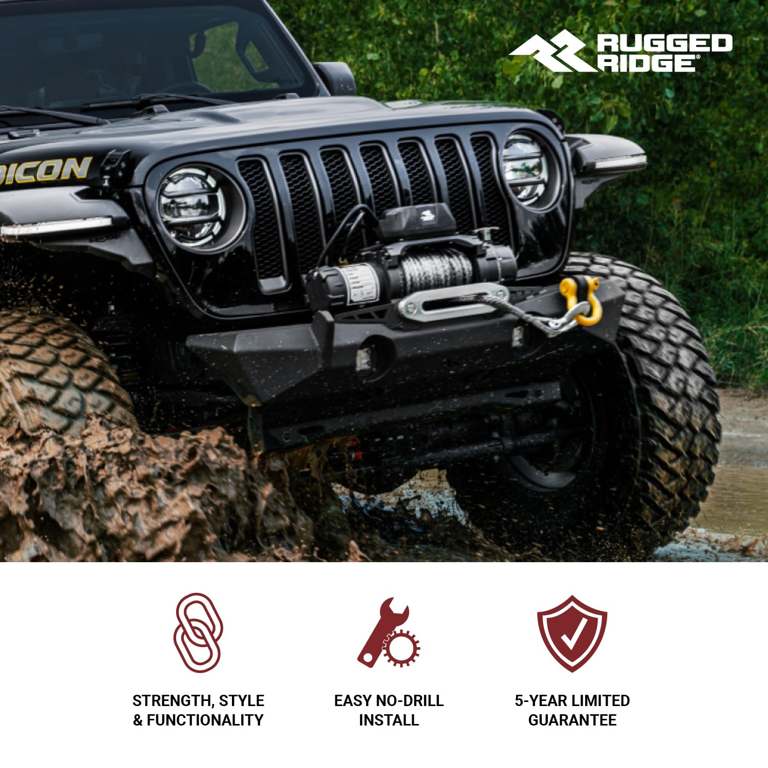 Front Rugged Ridge XOR Bumper for Jeep Wrangler/Gladiator | Stubby w/Skid Plate, Steel, Black | 11541.21 | Fits 2018-2025 Jeep Wrangler JL; 2020-2025 Jeep Gladiator JT