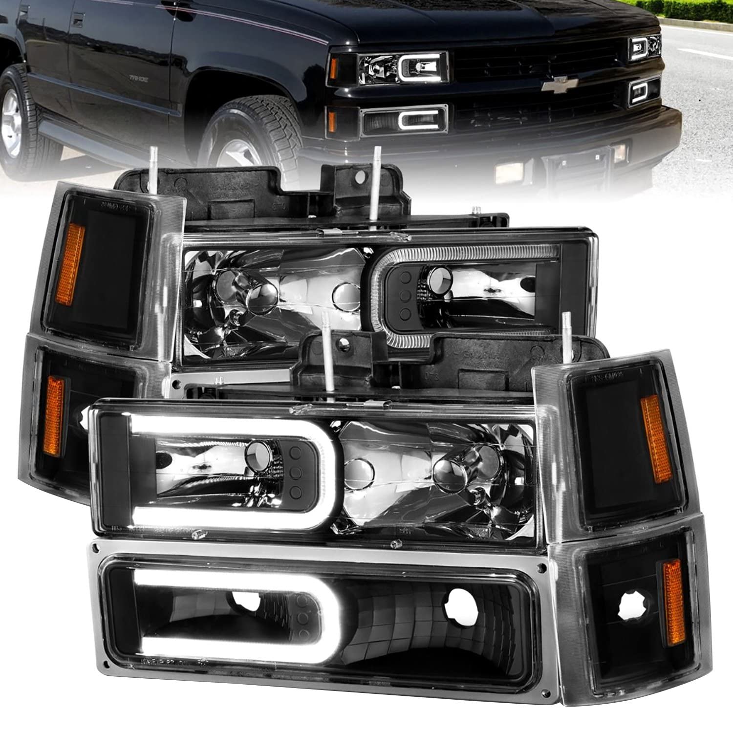 88-98 Chevrolet C1500 ANZO Crystal Headlights w/Light Bar Black Housing w/Signal Side Markers 8Pcs