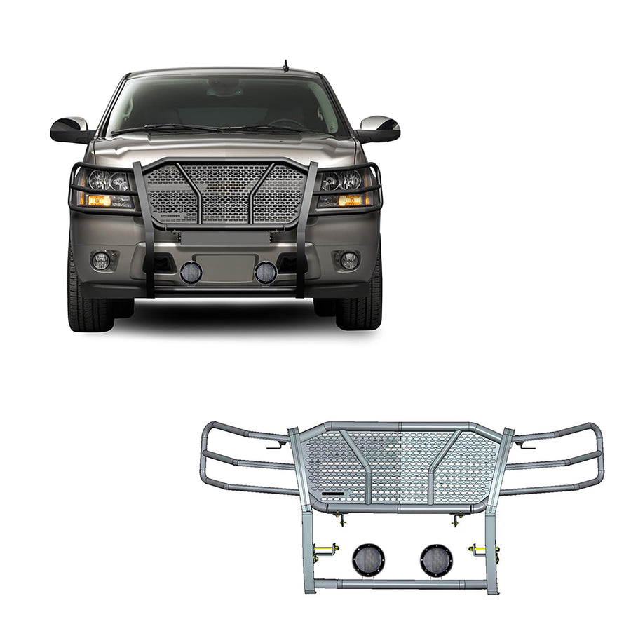 Heavy Duty Black Horse Rugged Grille Brush Bumper Guard Modular Black Come with Pair of 5.3" LED Lights Compatible with 2007-2014 Tahoe/Suburban 1500|2007-2013 Avalanche-RU-CHTA07-B-PLFB