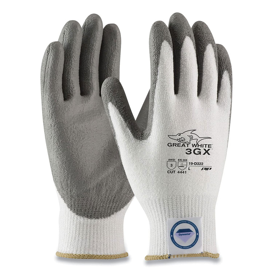 Great White PIP 3GX 19-D310 White/Gray Small Dyneema/Nylon Cut-Resistant Gloves - ANSI 3 Cut Resistance - Polyurethane Palm & Fingers Coating - Seamless Knit - 616314-16748 [PRICE is per PAIR]