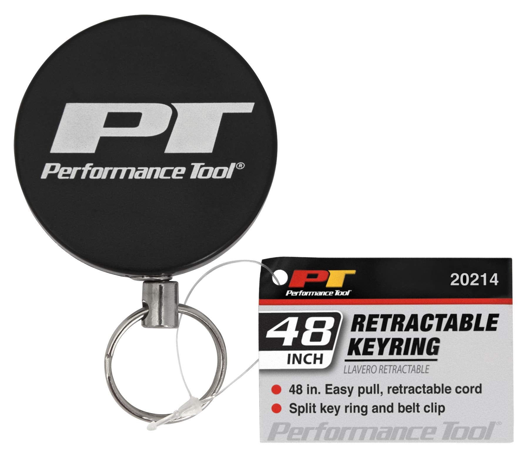 Retractable Cord Performance Tool 20214 Badge Reel with Split Keyring and Belt Clip, 48-inch Easy Pull Cord, 2-inch Diameter
