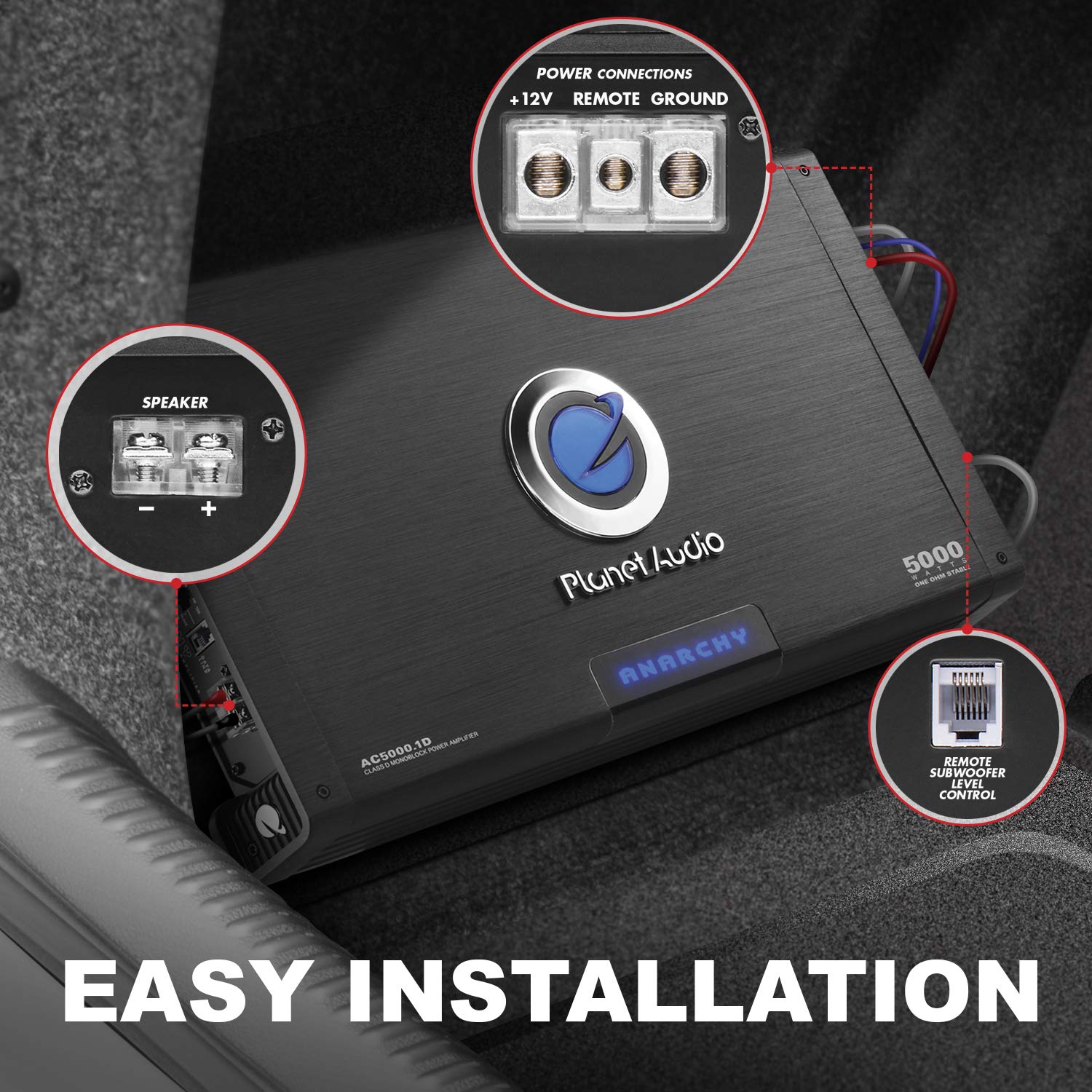Planet Audio Anarchy Series AC5000.1D Car Amplifier - 5000 High Output, Class D, Monoblock, 1 Ohm Stable, Low Level Inputs, Low Pass Crossover, Mosfet Power Supply