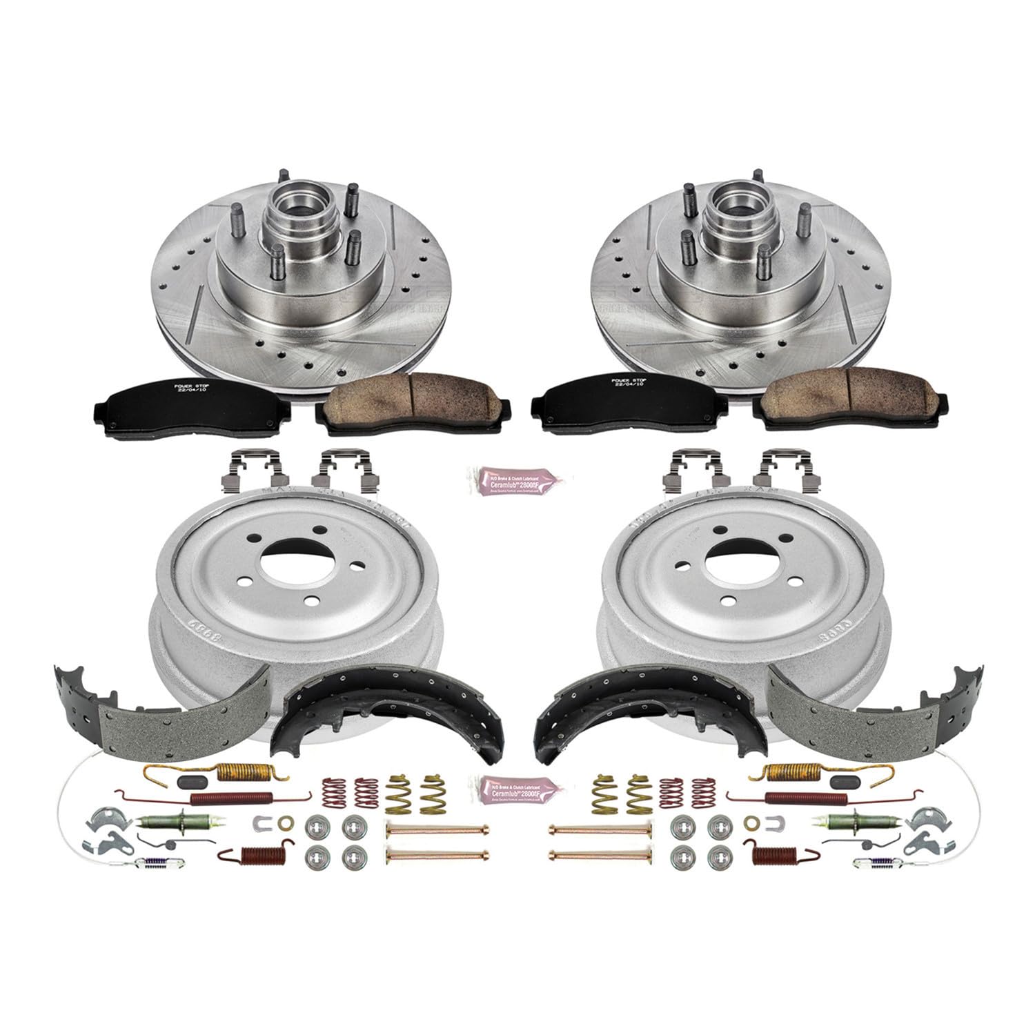 Power Stop K15009DK Z23 Carbon Fiber Brake Pads Front and Rear with Drilled & Slotted Brake Drums Kit For Ford Ranger, Mazda B2300, Mazda B3000, Mazda B4000 [Model Specific]