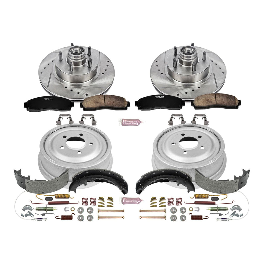 Power Stop K15009DK Z23 Carbon Fiber Brake Pads Front and Rear with Drilled & Slotted Brake Drums Kit For Ford Ranger, Mazda B2300, Mazda B3000, Mazda B4000 [Model Specific]