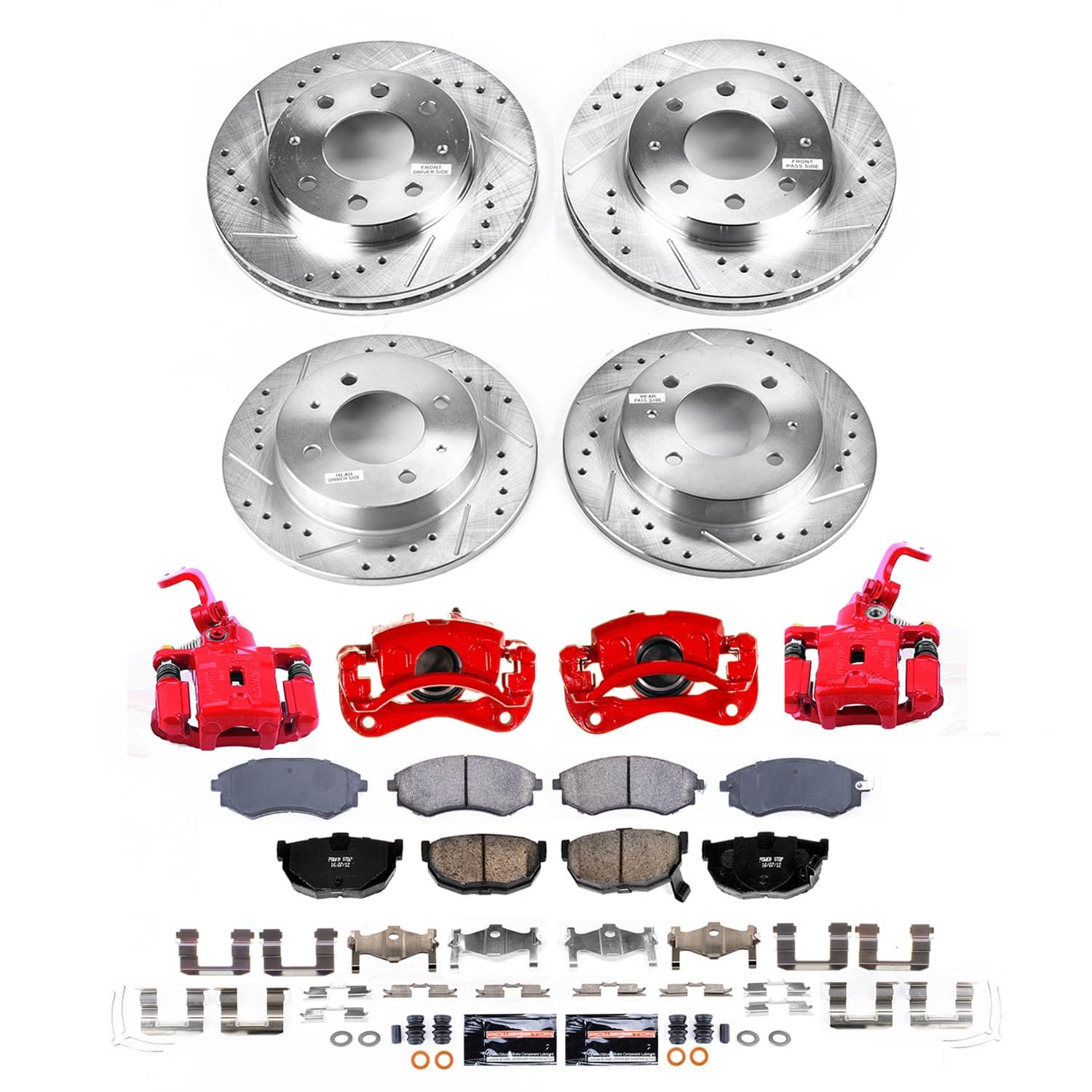 Z23 Brake Pads and Rotors Brake Kit POWERSTOP with Red Powder Coated Calipers For Hyundai Elantra 2005-2006 [Vehicle Specific]