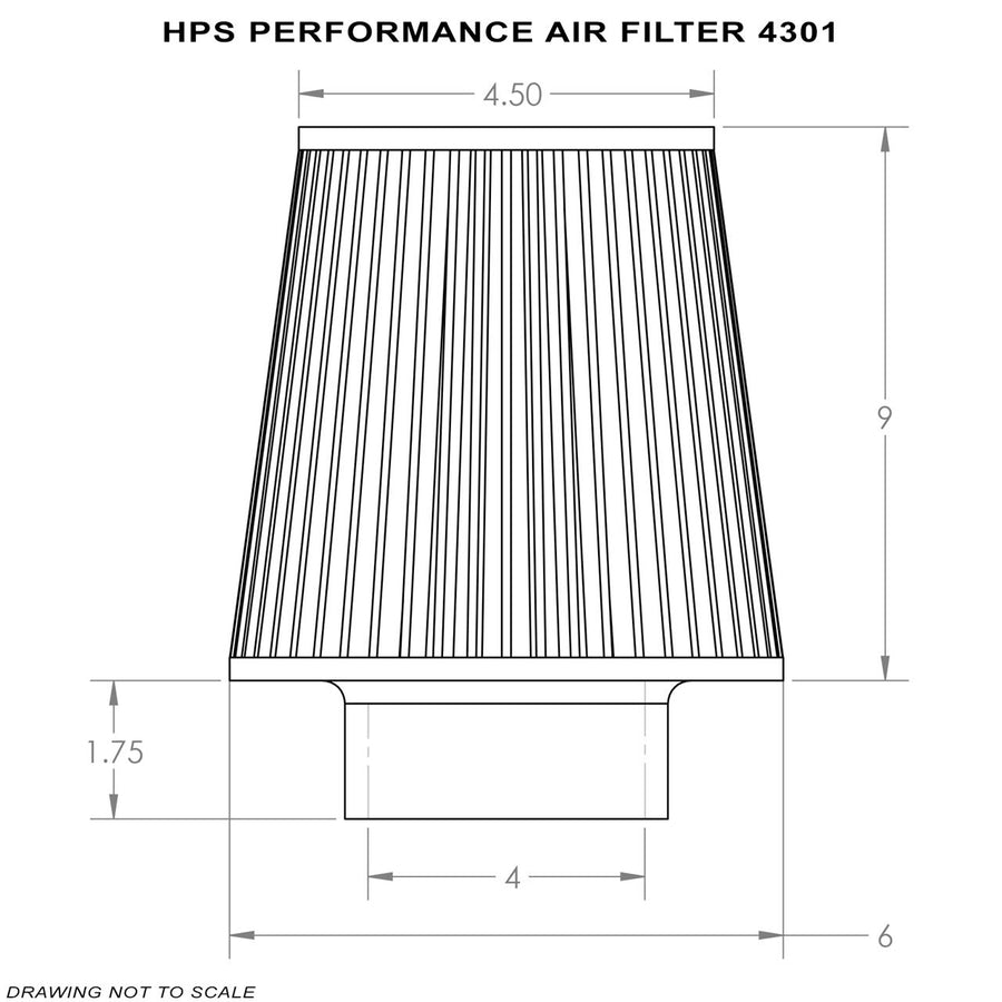 4" ID HPS Performance Air Filter, 9" Element Length, 10.75" Overall Length, Gray (HPS-4301)