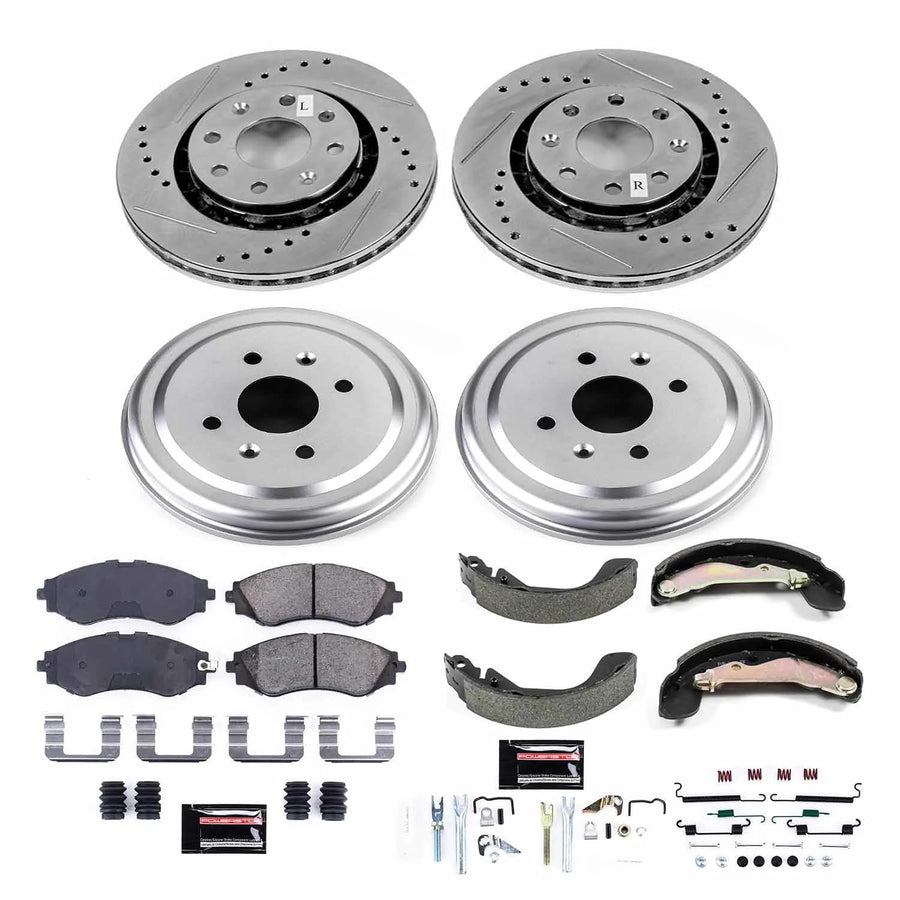 Power Stop K15235DK Z23 Carbon Fiber Brake Pads Front and Rear with Drilled & Slotted Brake Drums Kit For Chevrolet Spark 2013-2015 [Model Specific]