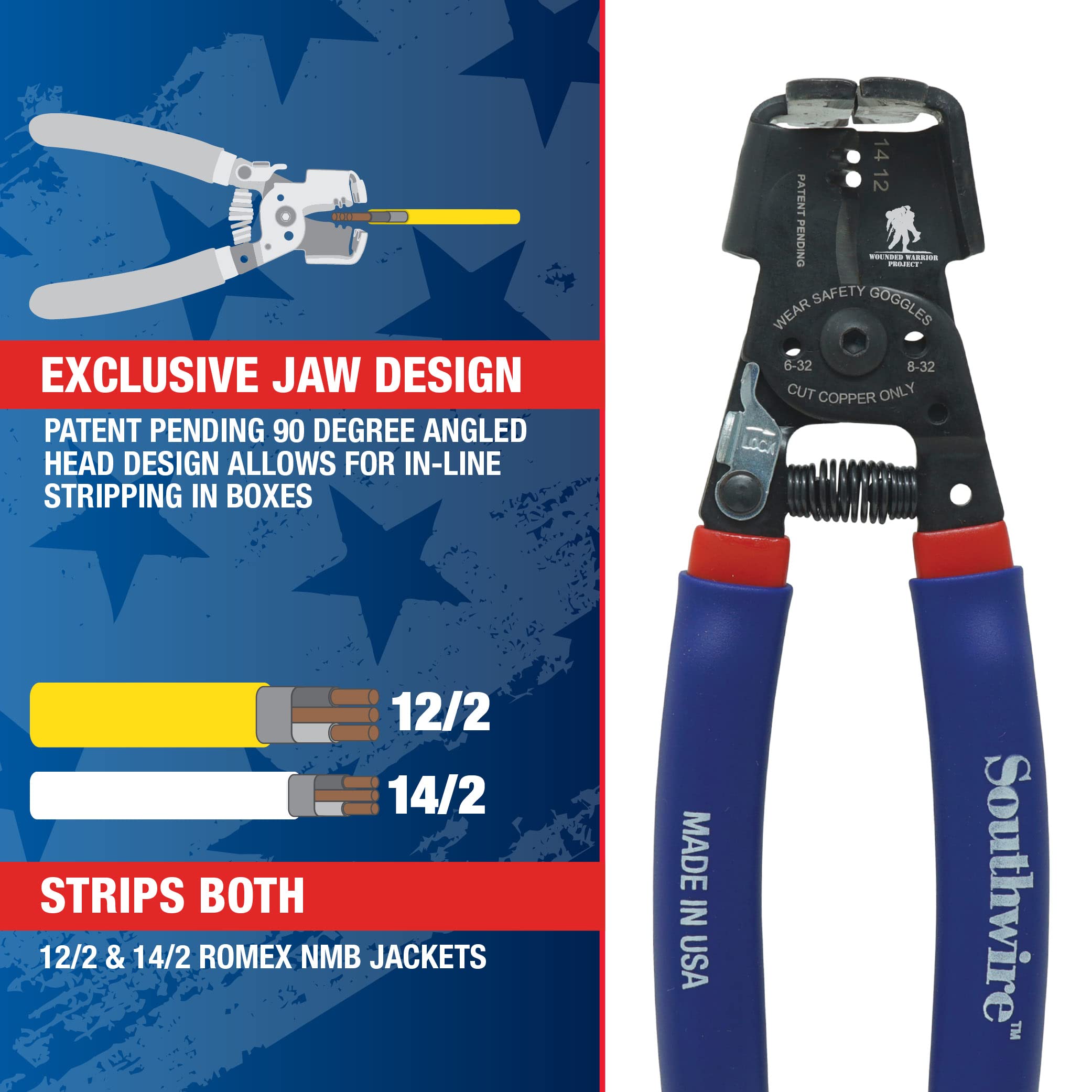 65172140 Southwire - SNM1214HH-US ROMEX BOXJaw Wire Stripper, Dual Wire Cutter Strips both 12/2 & 14/2 Romex NMB JACKETS and 12 and 14 AWG Solid Wire
