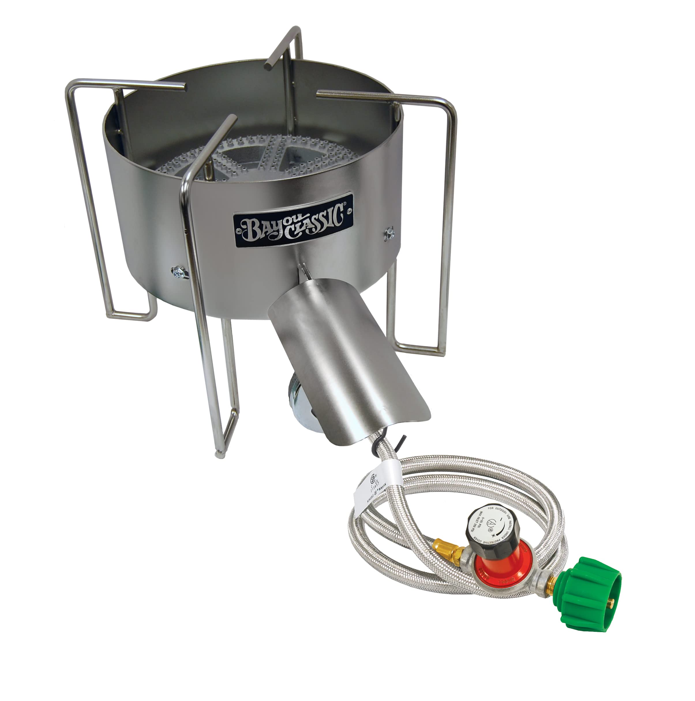 Bayou Classic 16-in Stainless Bayou SAB4 Cooker Features 10-in Cast Iron Burner 16-in Cooking Surface 3/8-in Round Bar Welded Frame 30-psi Adjustable Regulator w/ 48-in Stainless Braided Hose
