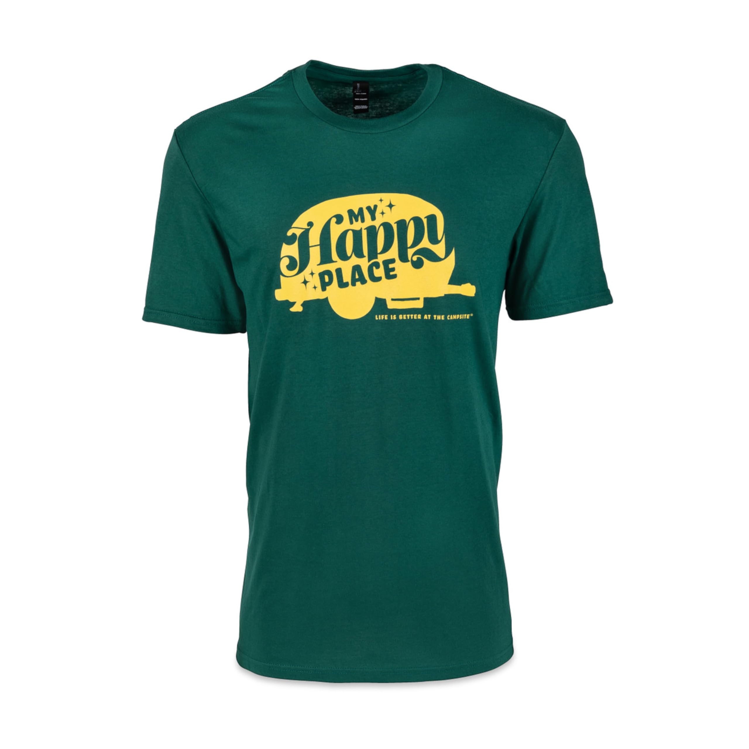 Camco Life is Better at The Campsite Short Sleeve Crew Neck T-Shirt | Features Soft Ring-Spun Cotton Fabric and Yellow Retro RV with My Happy Place Design on Green | Medium (53467)